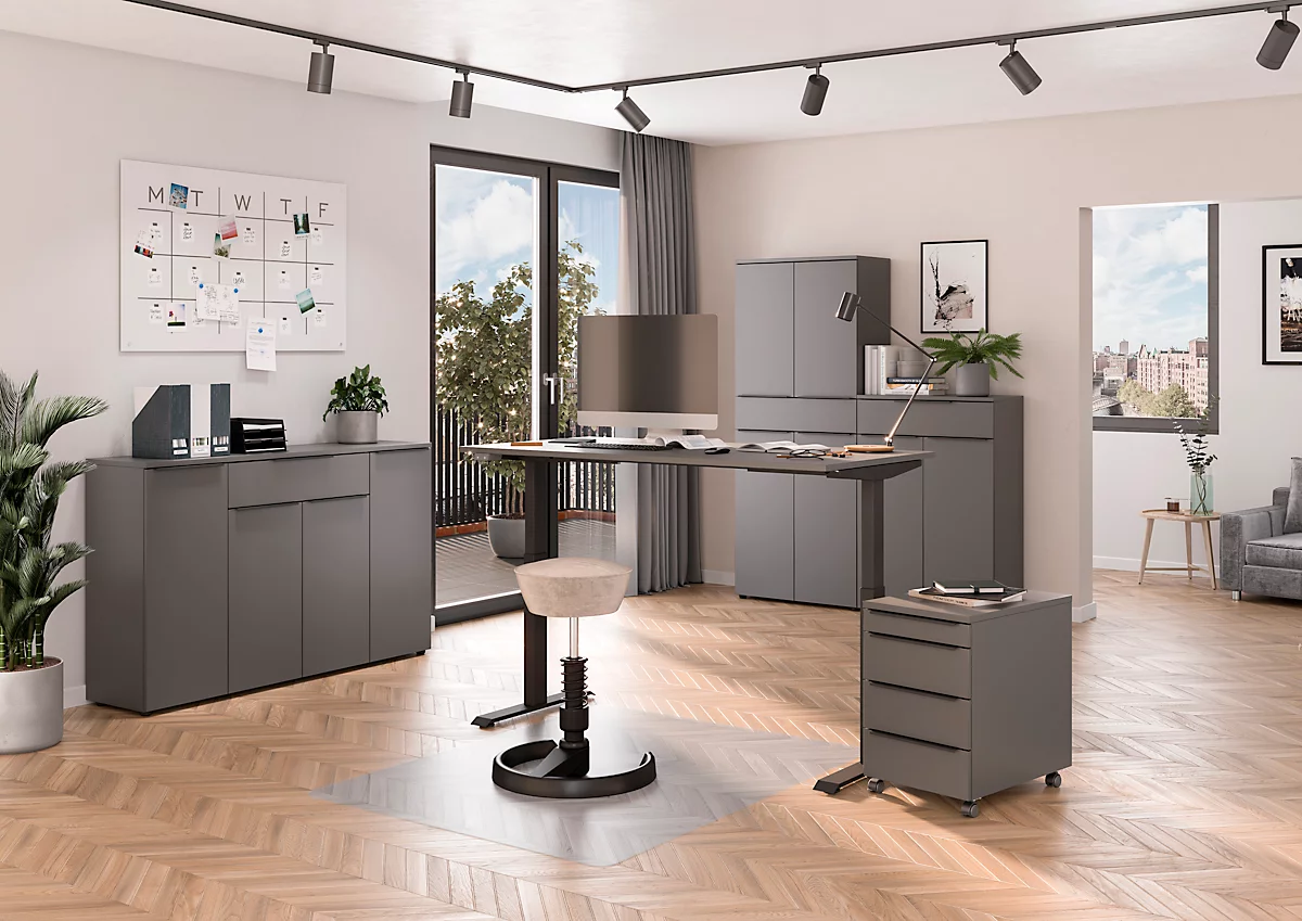 Schreibtisch Porto, elektrisch höhenverstellbar, T-Fuß, B 1800 x T 800 x H 720-1200 mm, graphit/schwarz