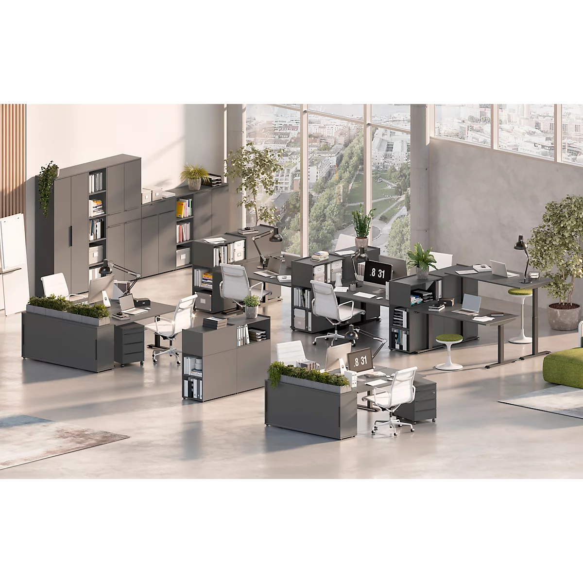 Schreibtisch Porto, elektrisch höhenverstellbar, T-Fuß, B 1800 x T 800 x H 720-1200 mm, graphit/schwarz + Memory-USB-Panel