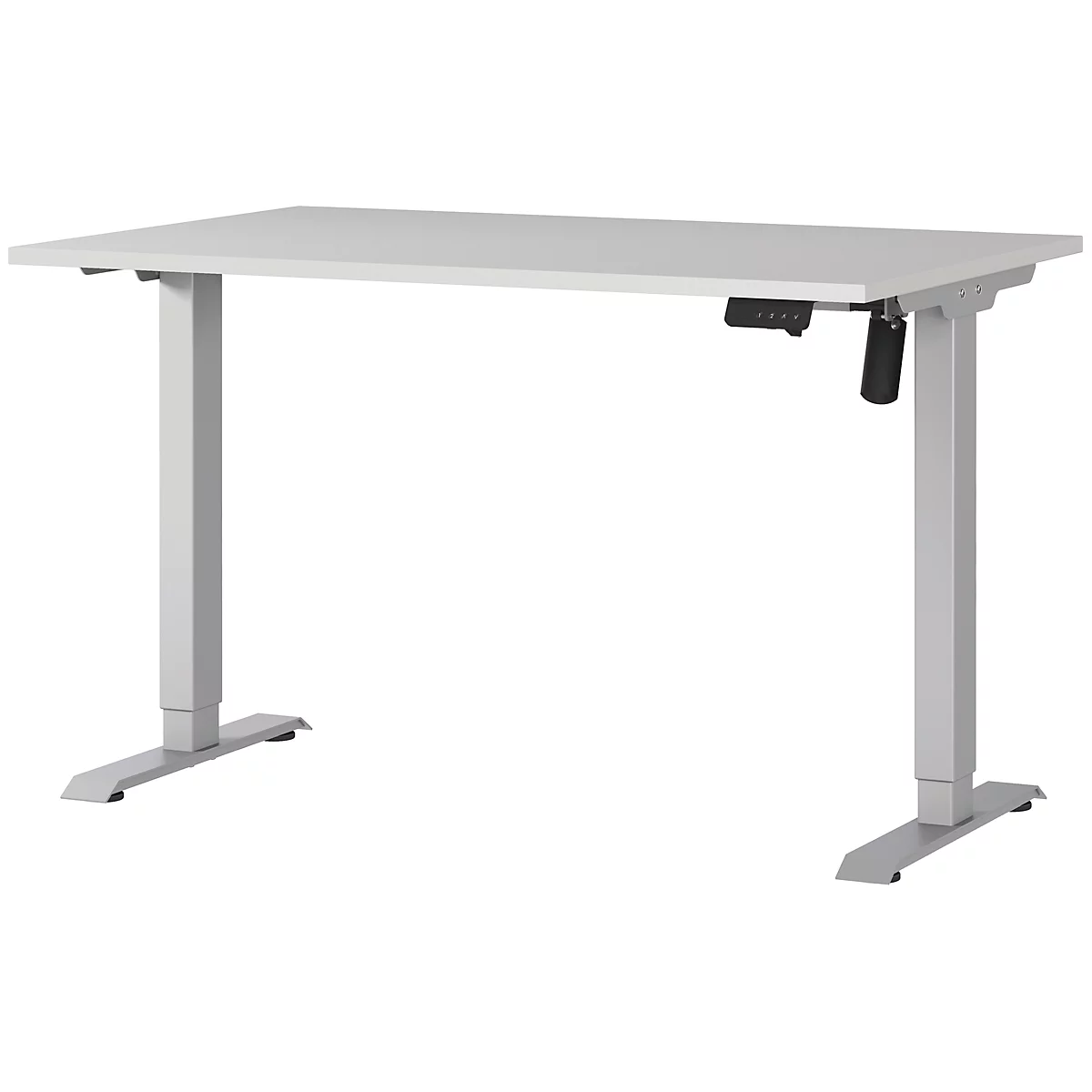 Weißer, höhenverstellbarer Schreibtisch mit grauen Beinen und Bedienfeld.