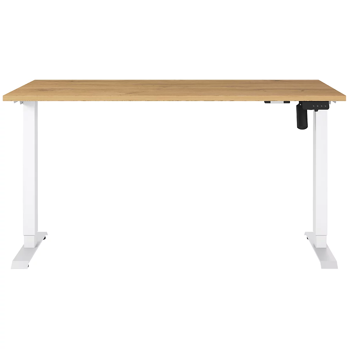 Heller Holz-Schreibtisch mit weißen Beinen und Steuerung.