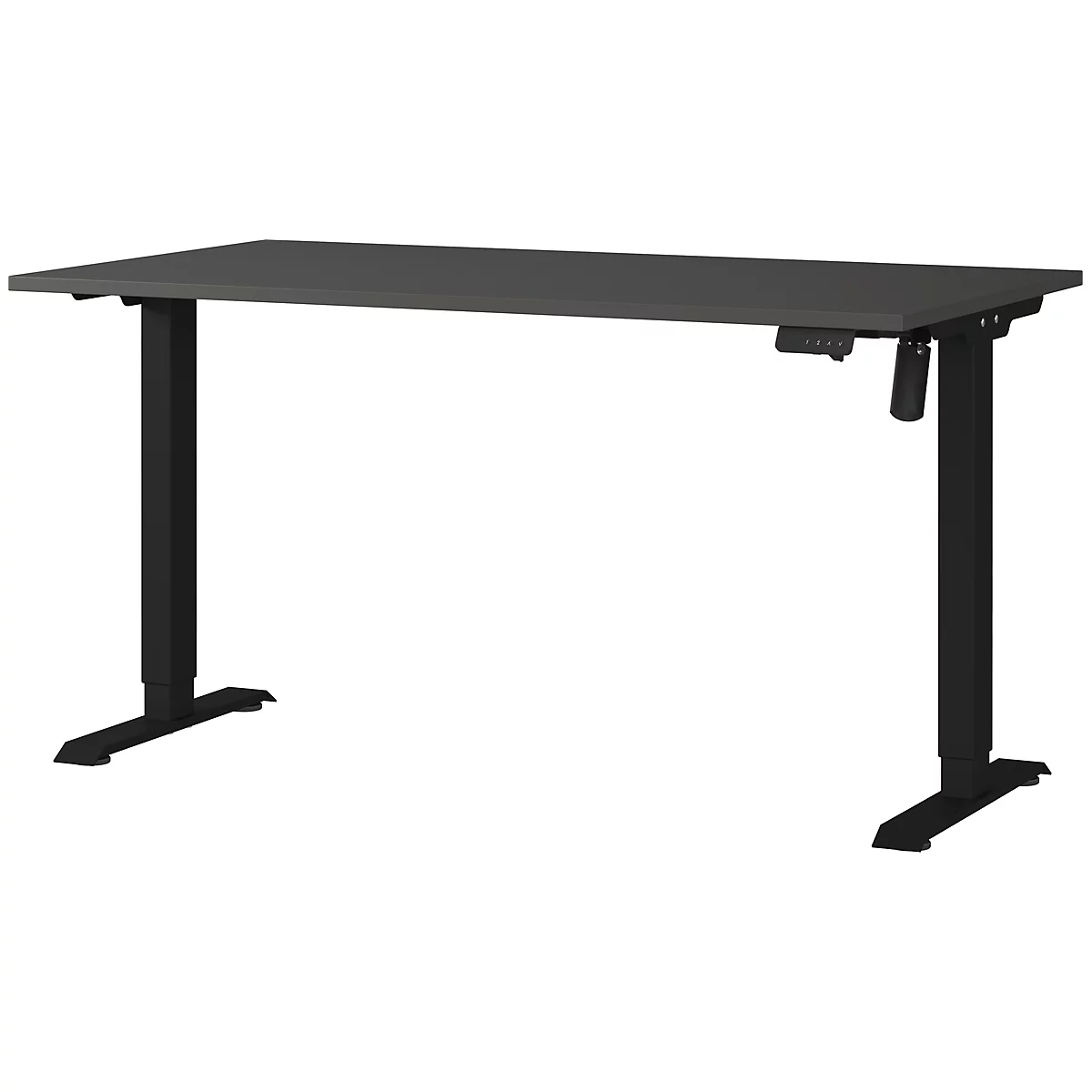 Schreibtisch, grau, höhenverstellbar, schwarze Beine. Bedienelemente sind rechts.