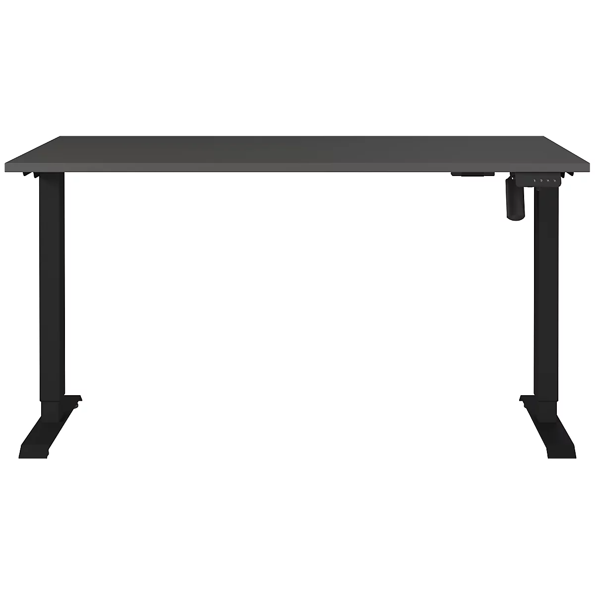 Ein grauer, höhenverstellbarer Schreibtisch mit schwarzen Beinen, Ansicht von vorne.