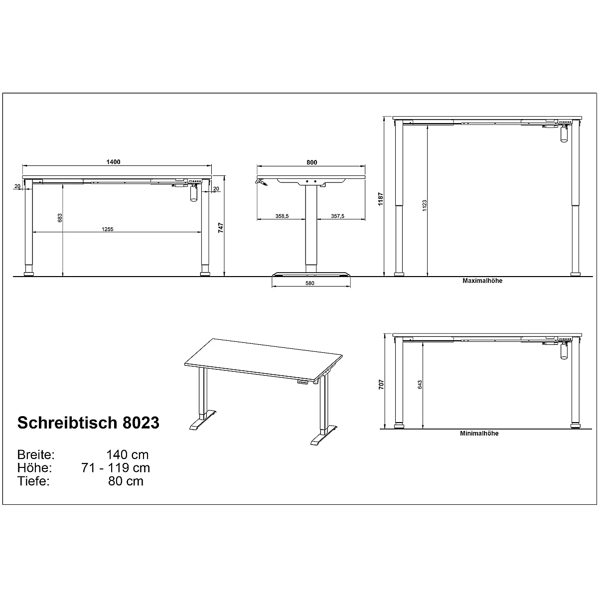 Schreibtisch Profi 2.0, elektrisch höhenverstellbar, B 1400 x T 800 x H 710 - 1190 mm, lichtgrau/schwarz