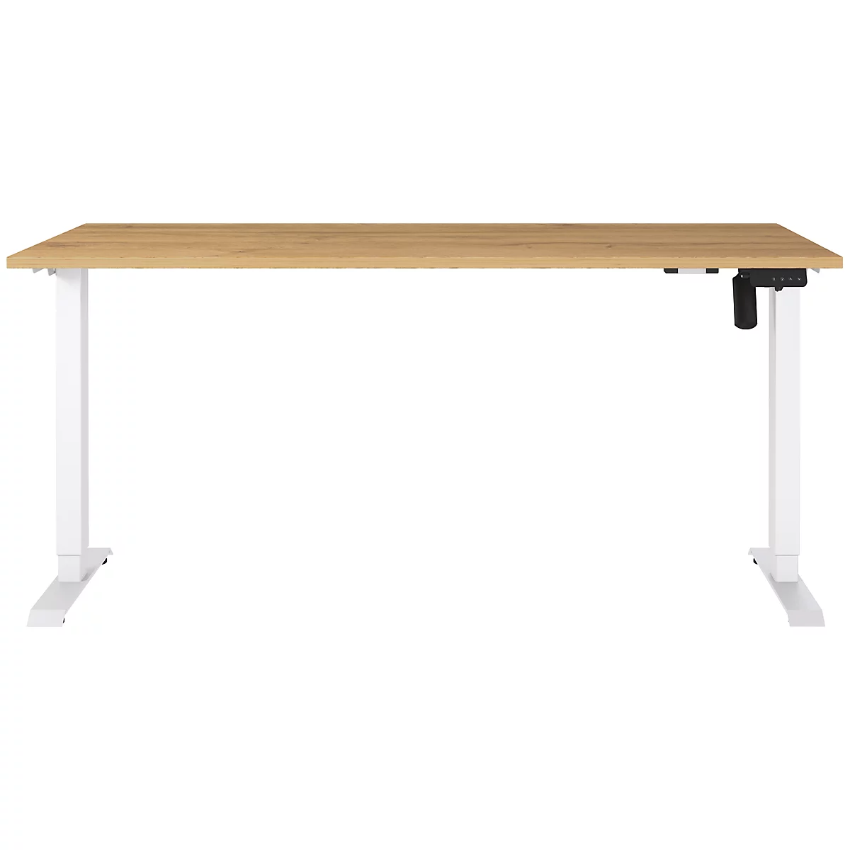 Ein höhenverstellbarer Schreibtisch mit hellbrauner Holzplatte und weißen Beinen. Rechts befindet sich ein schwarzes Bedienelement.