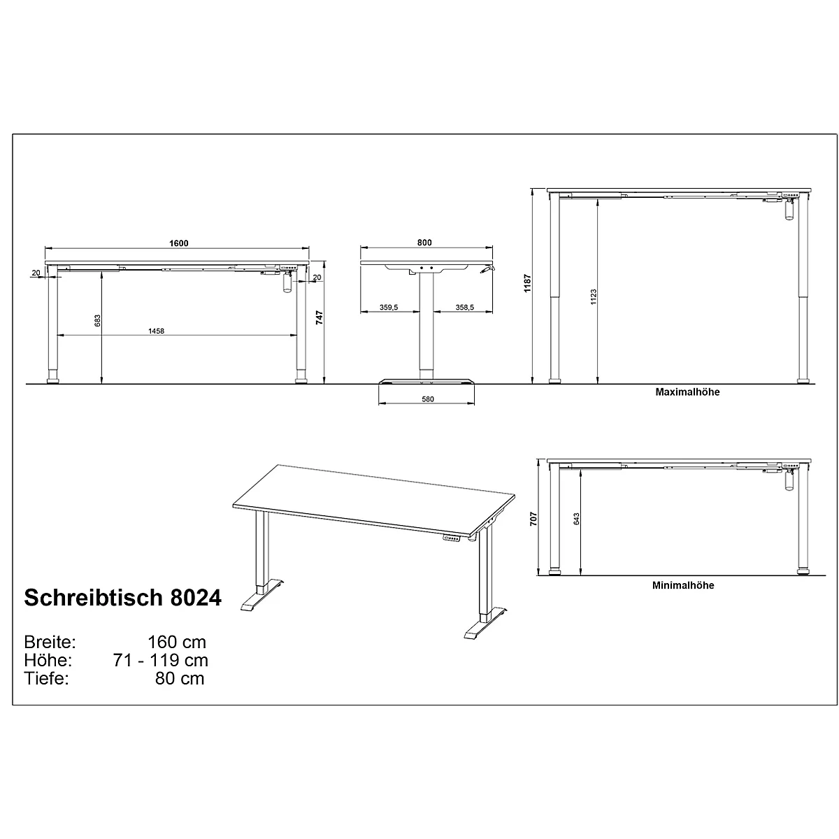 Schreibtisch Profi 2.0, elektrisch höhenverstellbar, B 1600 x T 800 x H 710 - 1190 mm, lichtgrau/schwarz
