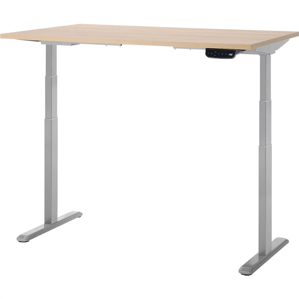 Beige Schreibtisch mit grauen, höhenverstellbaren Beinen. Auf der Tischplatte befindet sich eine Steuerung.
