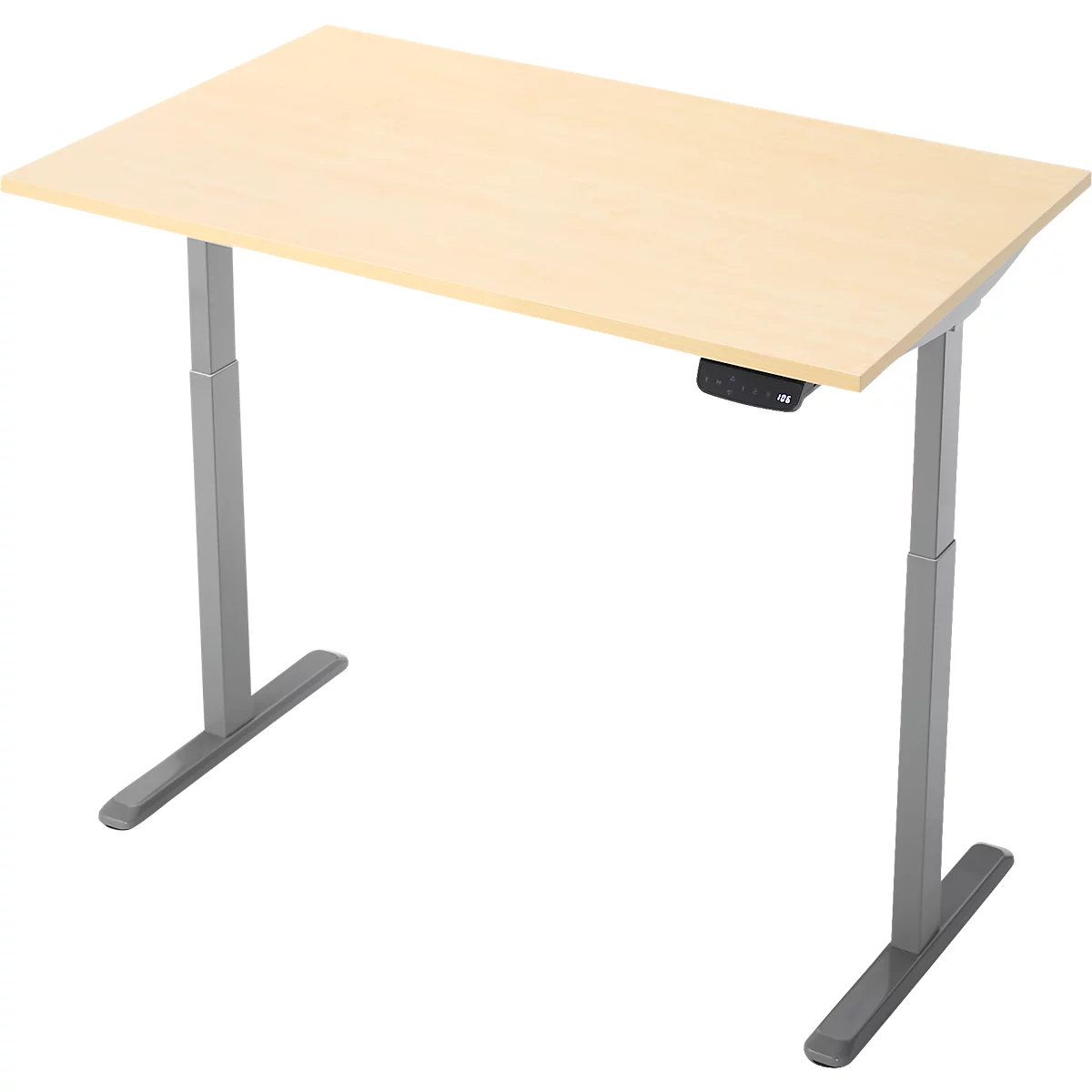 Schreibtisch, Rechteck, elektrisch höhenverstellbar, T-Fuß, B 1200 x T 800 x H 620-1280 mm, inkl. Memory Master, Ahorn-Dekor/silber