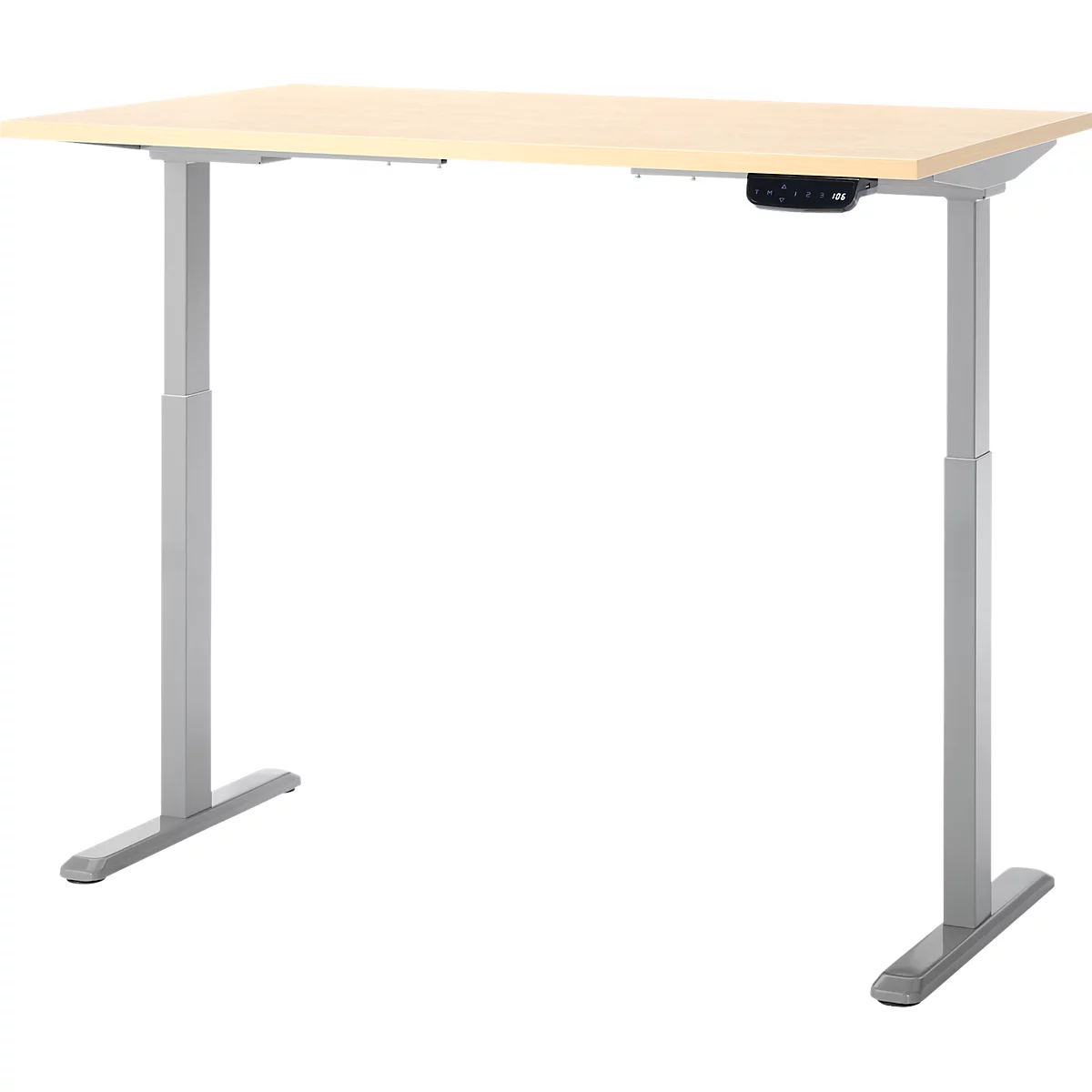 Schreibtisch, Rechteck, elektrisch höhenverstellbar, T-Fuß, B 1200 x T 800 x H 620-1280 mm, inkl. Memory Master, Ahorn-Dekor/silber