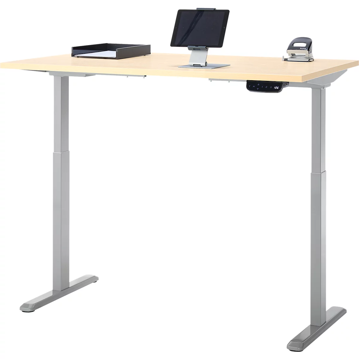 Schreibtisch, Rechteck, elektrisch höhenverstellbar, T-Fuß, B 1200 x T 800 x H 620-1280 mm, inkl. Memory Master, Ahorn-Dekor/silber
