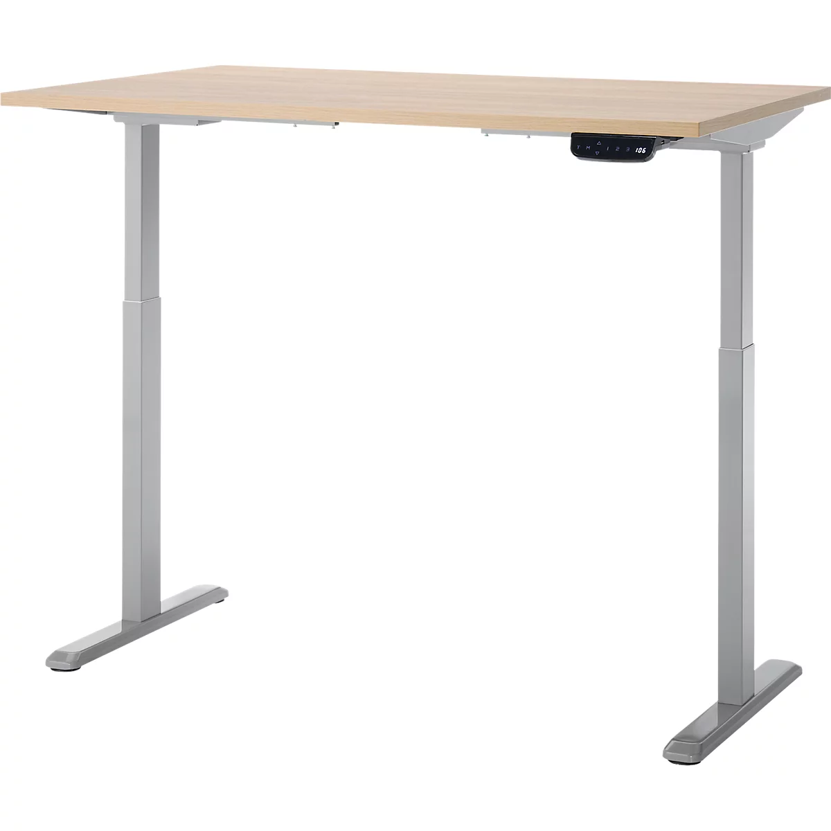 Schreibtisch, Rechteck, elektrisch höhenverstellbar, T-Fuß, B 1200 x T 800 x H 620-1280 mm, inkl. Memory Master, Eiche-Dekor/silber