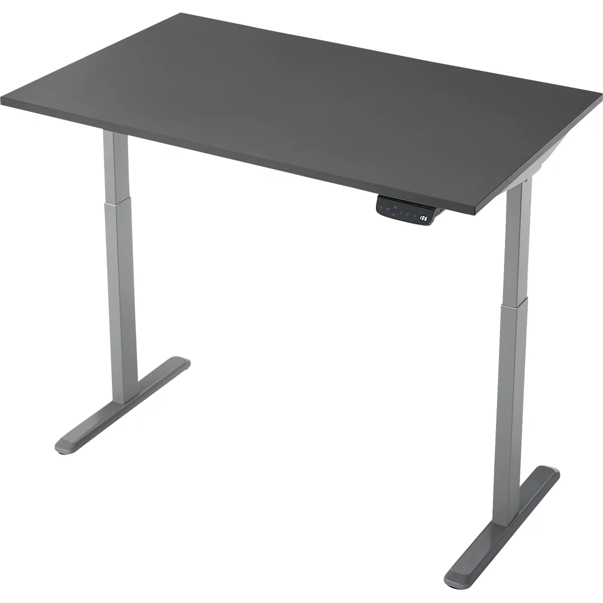 Schreibtisch, Rechteck, elektrisch höhenverstellbar, T-Fuß, B 1200 x T 800 x H 620-1280 mm, inkl. Memory Master, graphit/silber