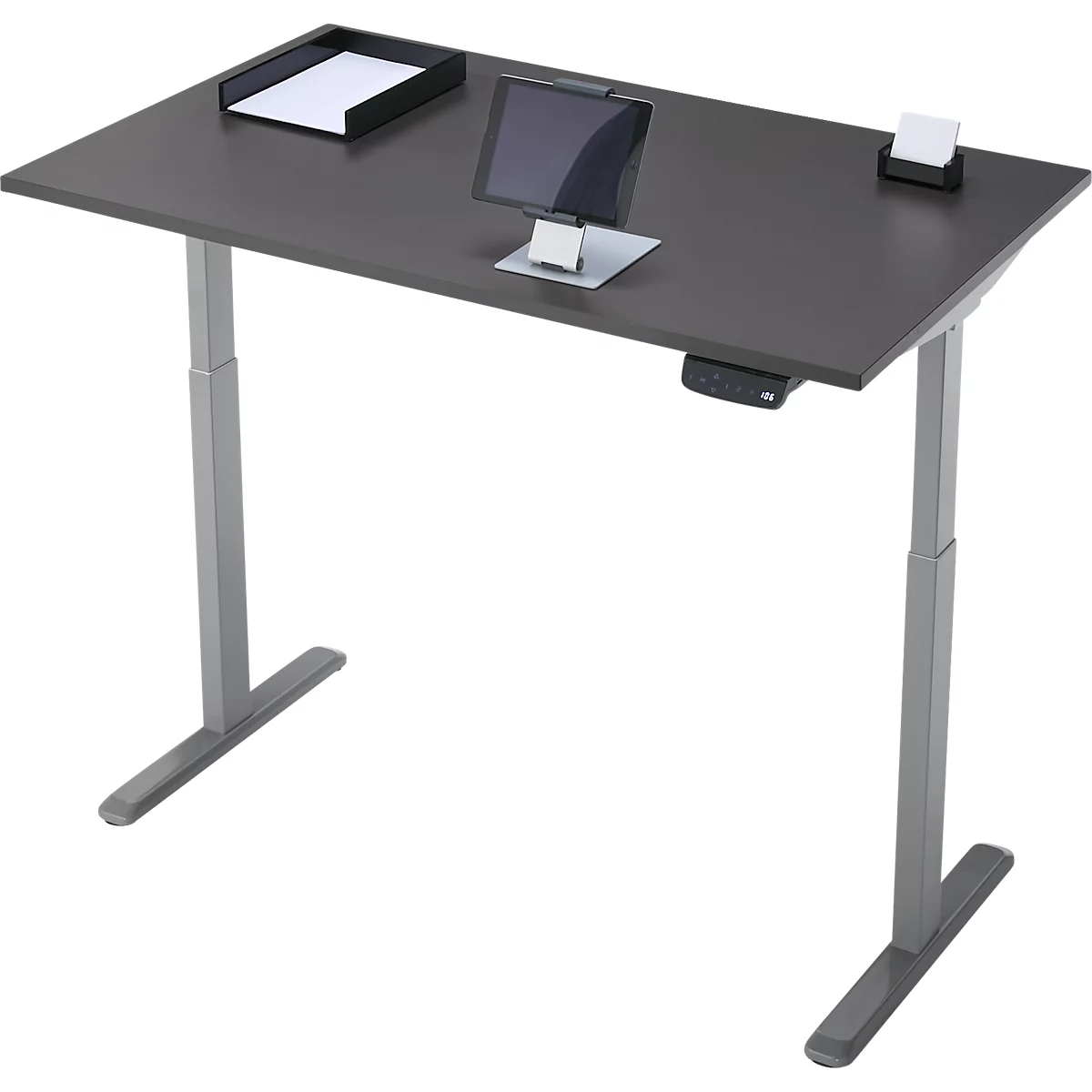 Schreibtisch, Rechteck, elektrisch höhenverstellbar, T-Fuß, B 1200 x T 800 x H 620-1280 mm, inkl. Memory Master, graphit/silber