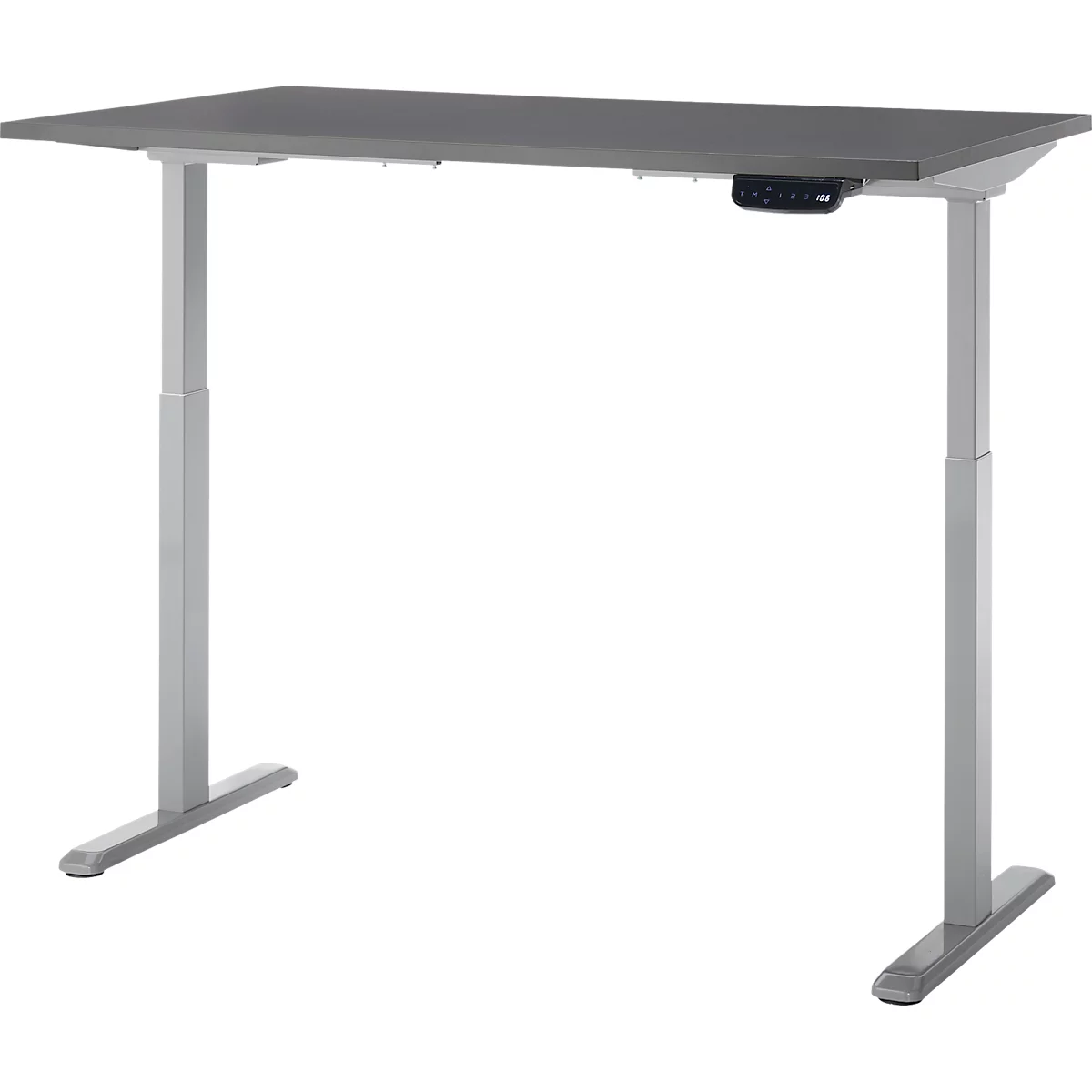 Schreibtisch, Rechteck, elektrisch höhenverstellbar, T-Fuß, B 1200 x T 800 x H 620-1280 mm, inkl. Memory Master, graphit/silber