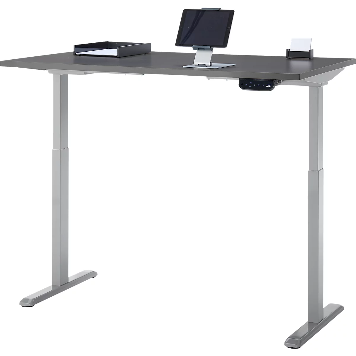Schreibtisch, Rechteck, elektrisch höhenverstellbar, T-Fuß, B 1200 x T 800 x H 620-1280 mm, inkl. Memory Master, graphit/silber