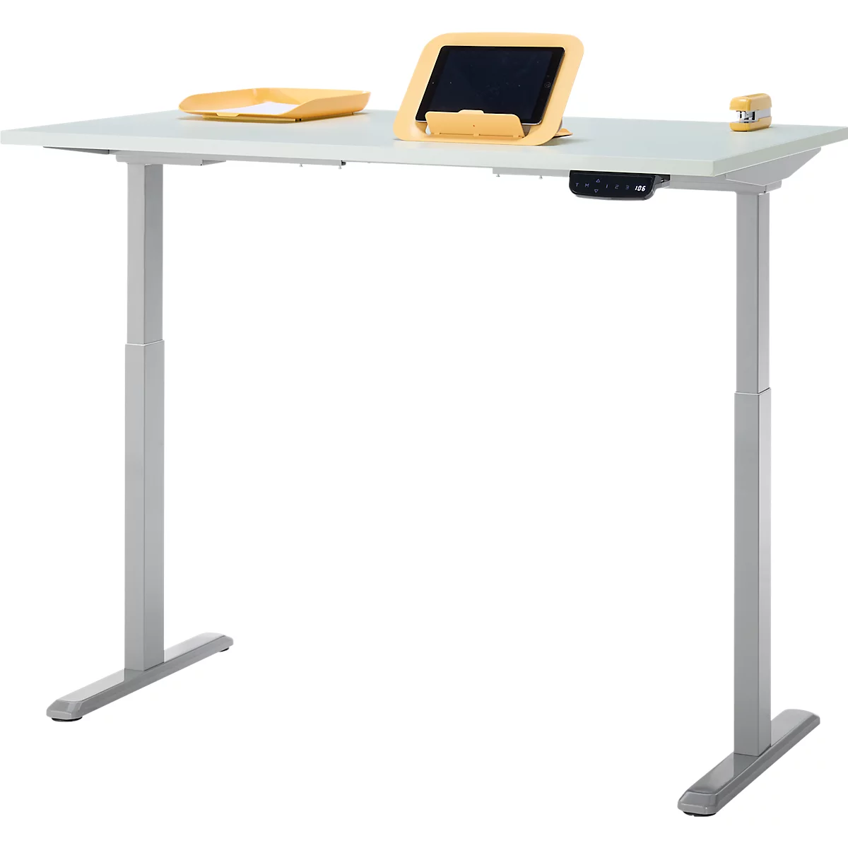 Schreibtisch, Rechteck, elektrisch höhenverstellbar, T-Fuß, B 1200 x T 800 x H 620-1280 mm, inkl. Memory Master, lichtgrau/silber