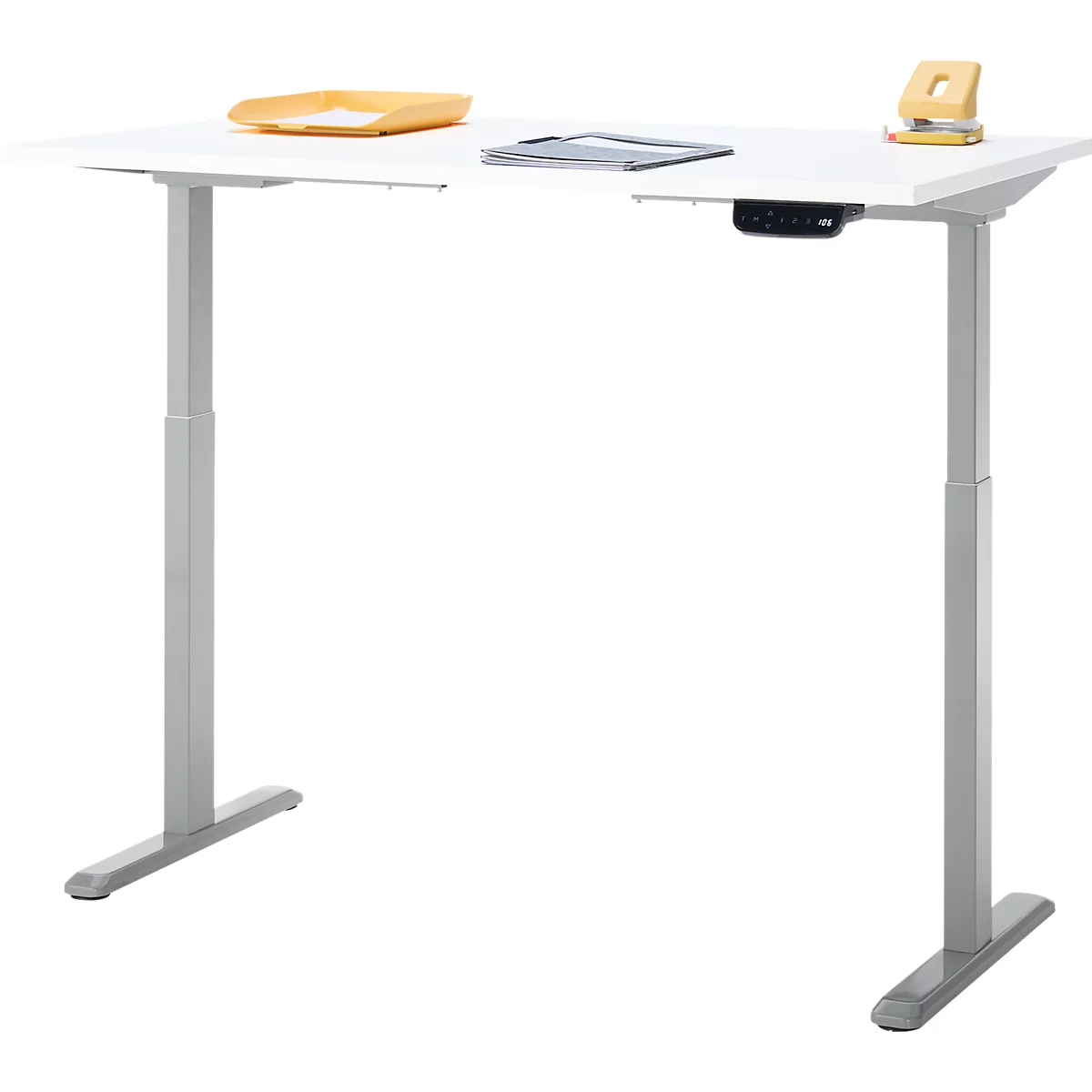 Schreibtisch, Rechteck, elektrisch höhenverstellbar, T-Fuß, B 1200 x T 800 x H 620-1280 mm, inkl. Memory Master, weiß/silber