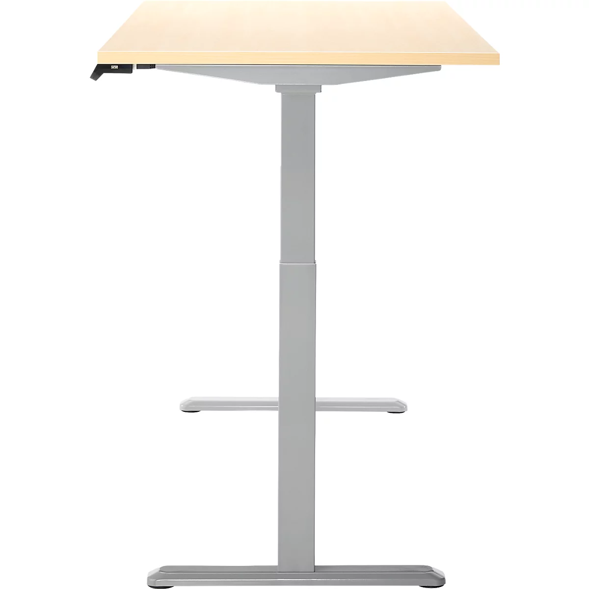 Schreibtisch, Rechteck, elektrisch höhenverstellbar, T-Fuß, B 1600 x T 800 x H 620-1280 mm, inkl. Memory Master, Ahorn-Dekor/silber