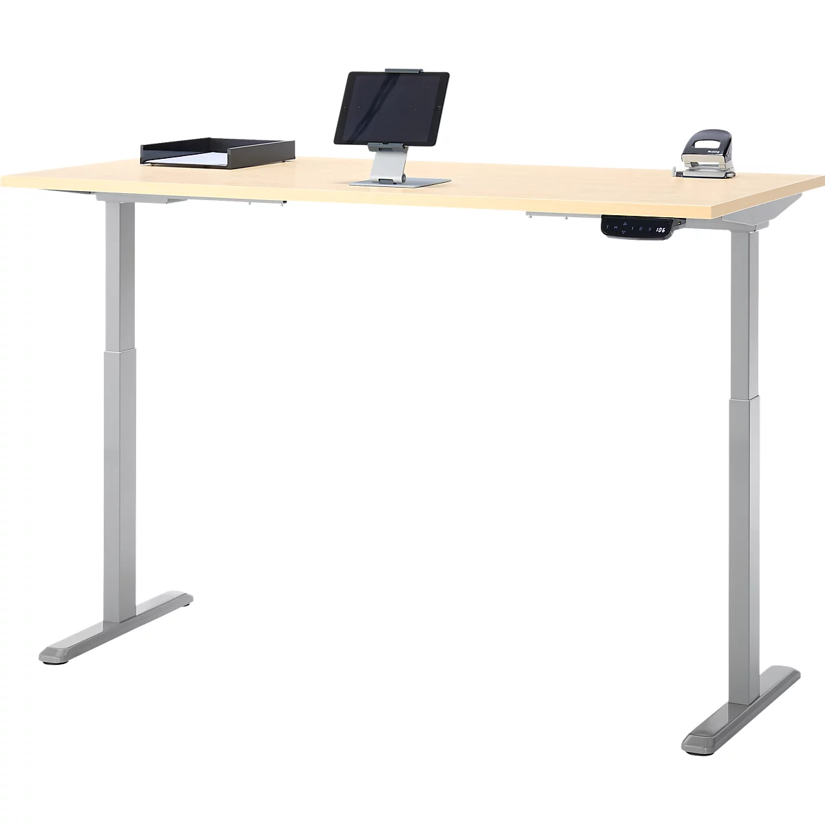 Schreibtisch, Rechteck, elektrisch höhenverstellbar, T-Fuß, B 1600 x T 800 x H 620-1280 mm, inkl. Memory Master, Ahorn-Dekor/silber