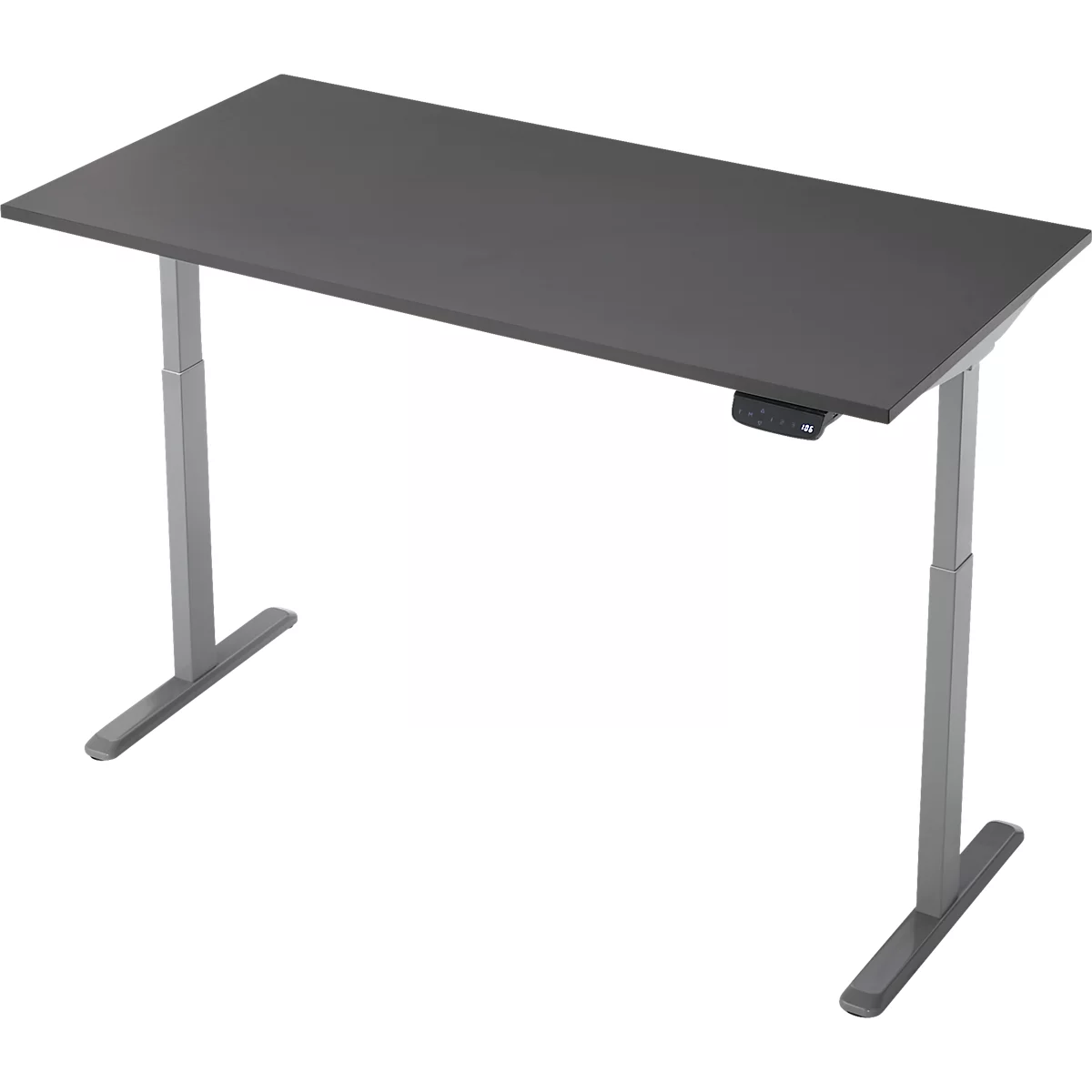 Schreibtisch, Rechteck, elektrisch höhenverstellbar, T-Fuß, B 1600 x T 800 x H 620-1280 mm, inkl. Memory Master, graphit/silber