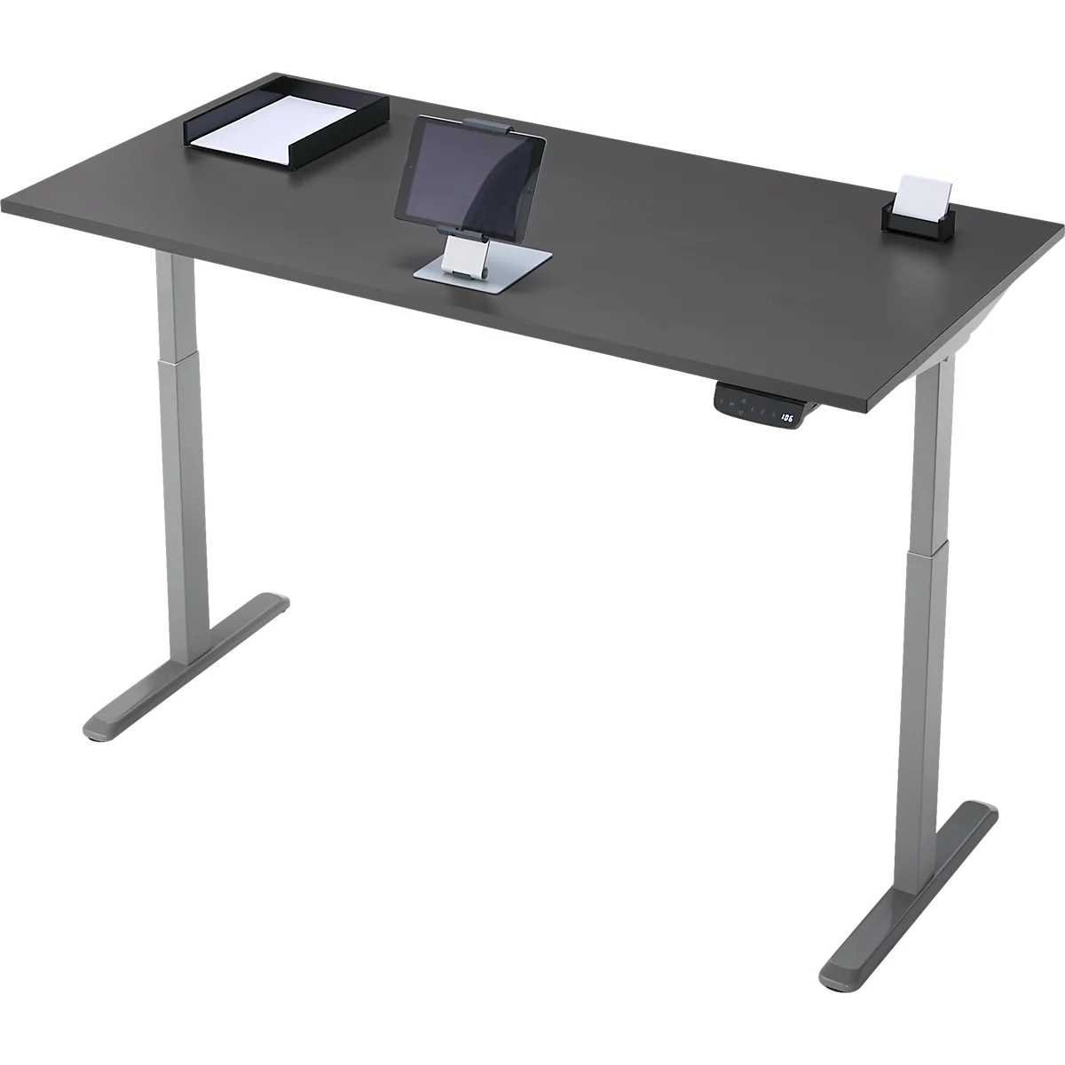 Schreibtisch, Rechteck, elektrisch höhenverstellbar, T-Fuß, B 1600 x T 800 x H 620-1280 mm, inkl. Memory Master, graphit/silber