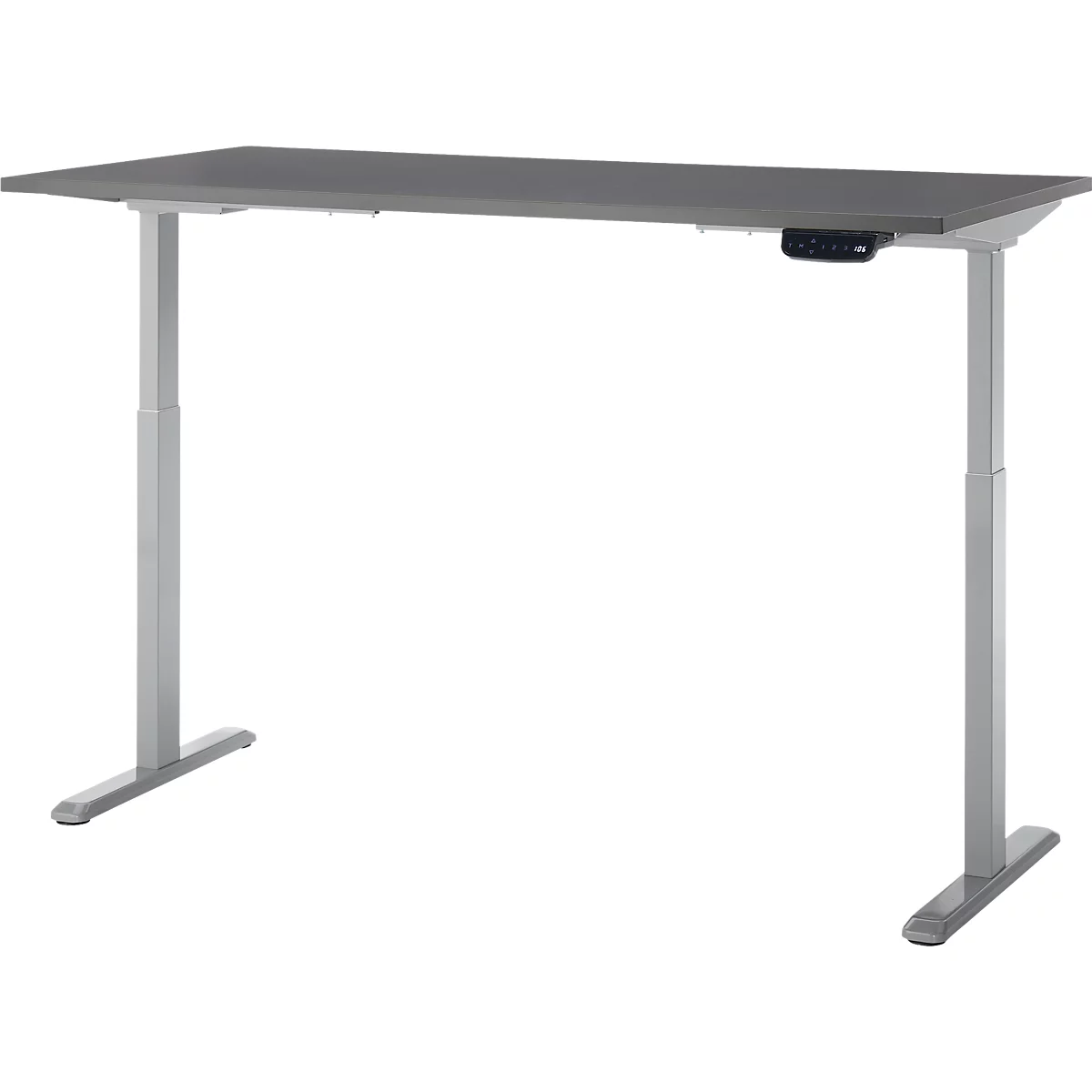 Schreibtisch, Rechteck, elektrisch höhenverstellbar, T-Fuß, B 1600 x T 800 x H 620-1280 mm, inkl. Memory Master, graphit/silber