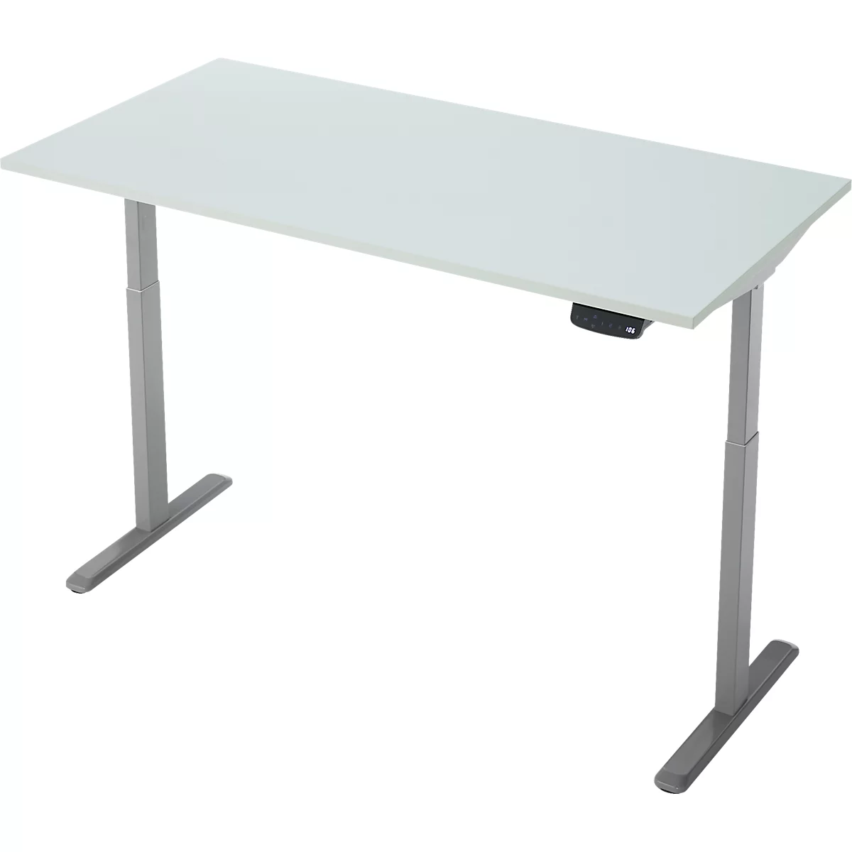 Schreibtisch, Rechteck, elektrisch höhenverstellbar, T-Fuß, B 1600 x T 800 x H 620-1280 mm, inkl. Memory Master, lichtgrau/silber