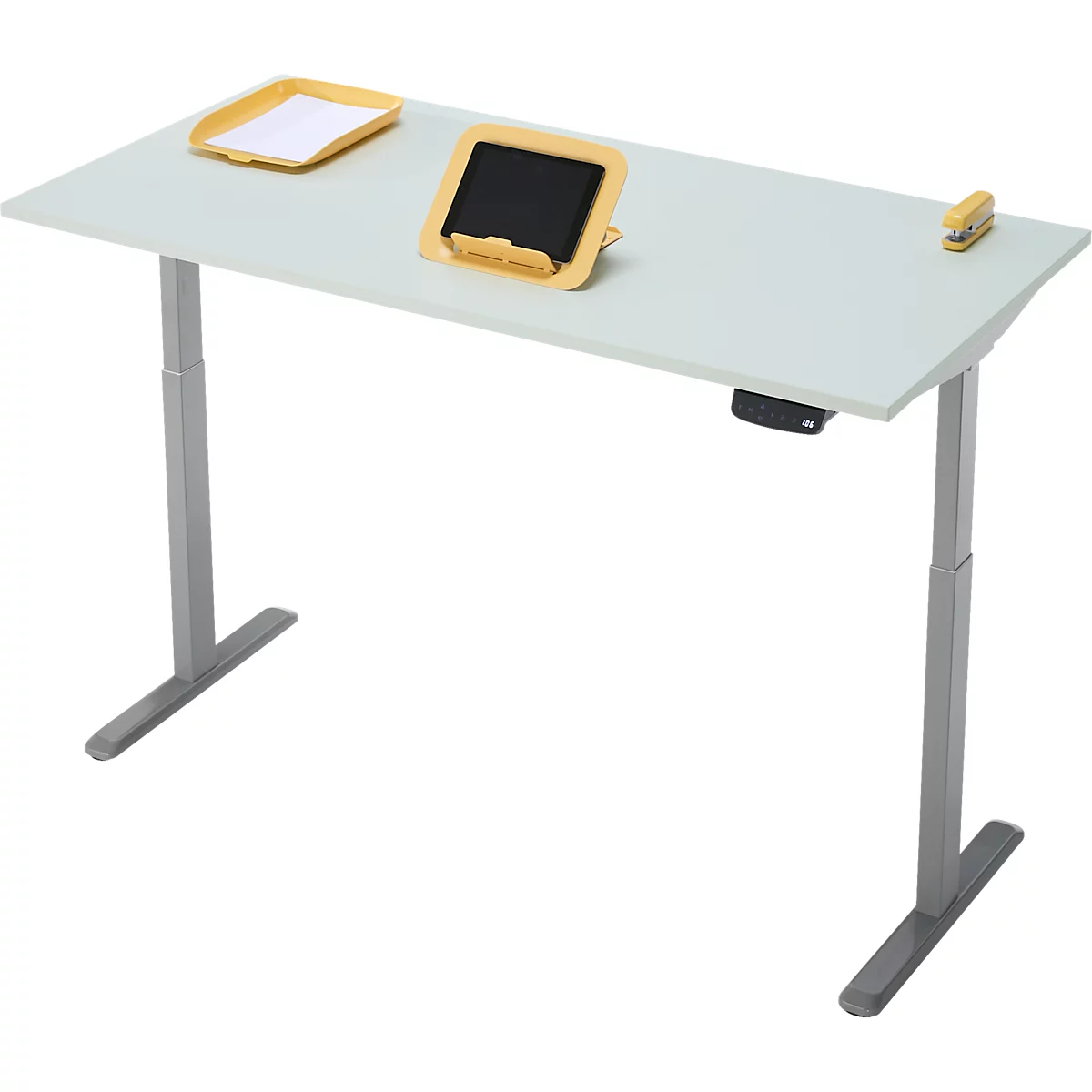 Schreibtisch, Rechteck, elektrisch höhenverstellbar, T-Fuß, B 1600 x T 800 x H 620-1280 mm, inkl. Memory Master, lichtgrau/silber