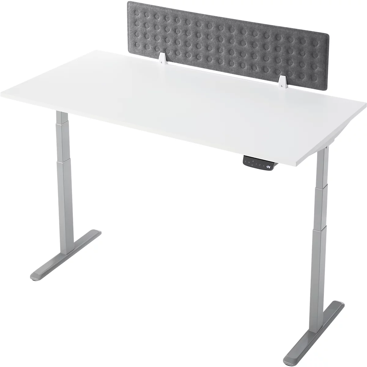 Weißer Schreibtisch mit grauem Bildschirm und höhenverstellbaren Beinen. Auf dem Tisch befindet sich eine graue Trennwand.