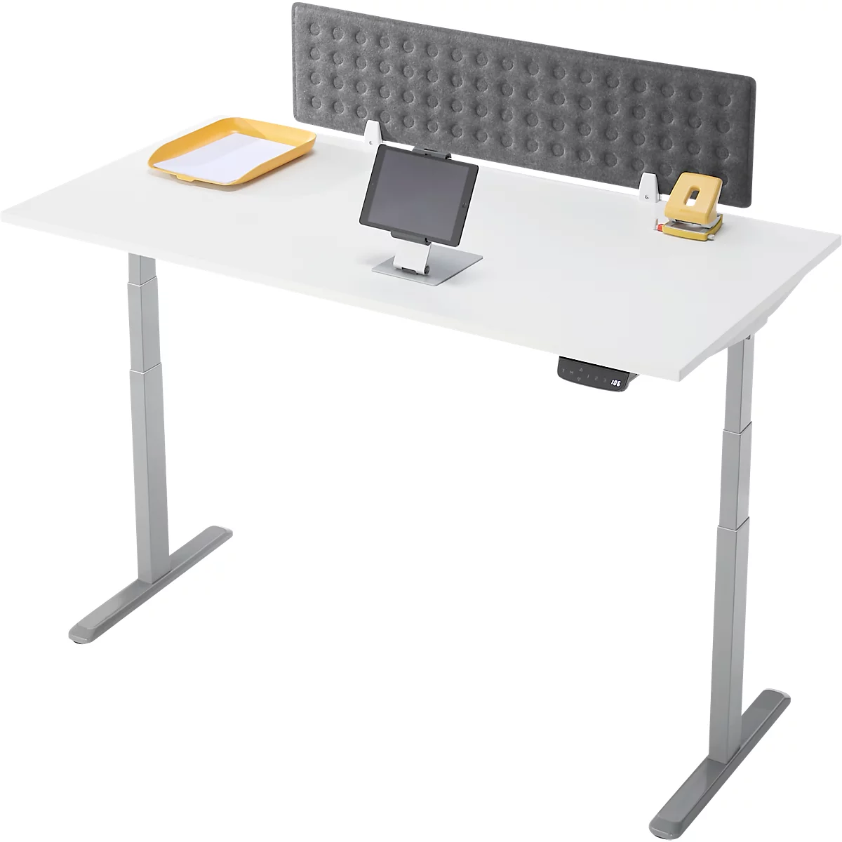 Weißer, höhenverstellbarer Schreibtisch mit grauem Rahmen, Tablet, Aktenablage und Akustikpaneel.