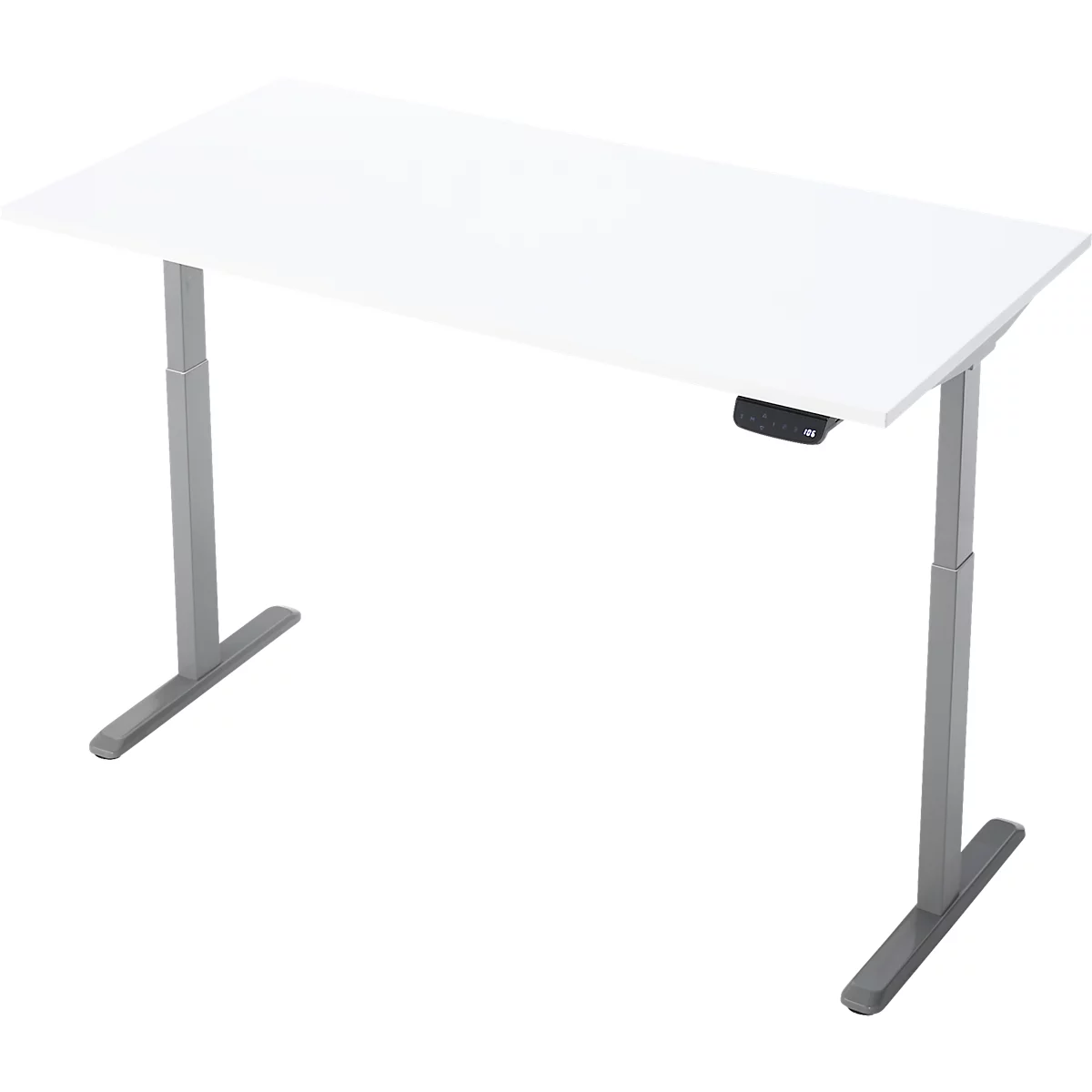 Schreibtisch, Rechteck, elektrisch höhenverstellbar, T-Fuß, B 1600 x T 800 x H 620-1280 mm, inkl. Memory Master, weiß/silber