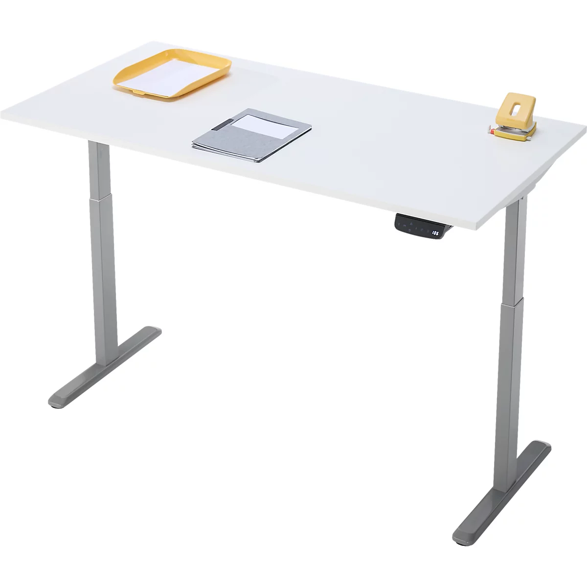 Schreibtisch, Rechteck, elektrisch höhenverstellbar, T-Fuß, B 1600 x T 800 x H 620-1280 mm, inkl. Memory Master, weiß/silber