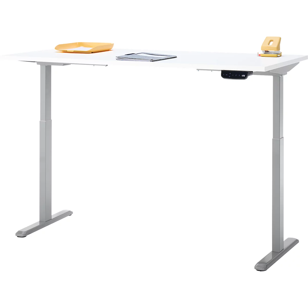 Schreibtisch, Rechteck, elektrisch höhenverstellbar, T-Fuß, B 1600 x T 800 x H 620-1280 mm, inkl. Memory Master, weiß/silber