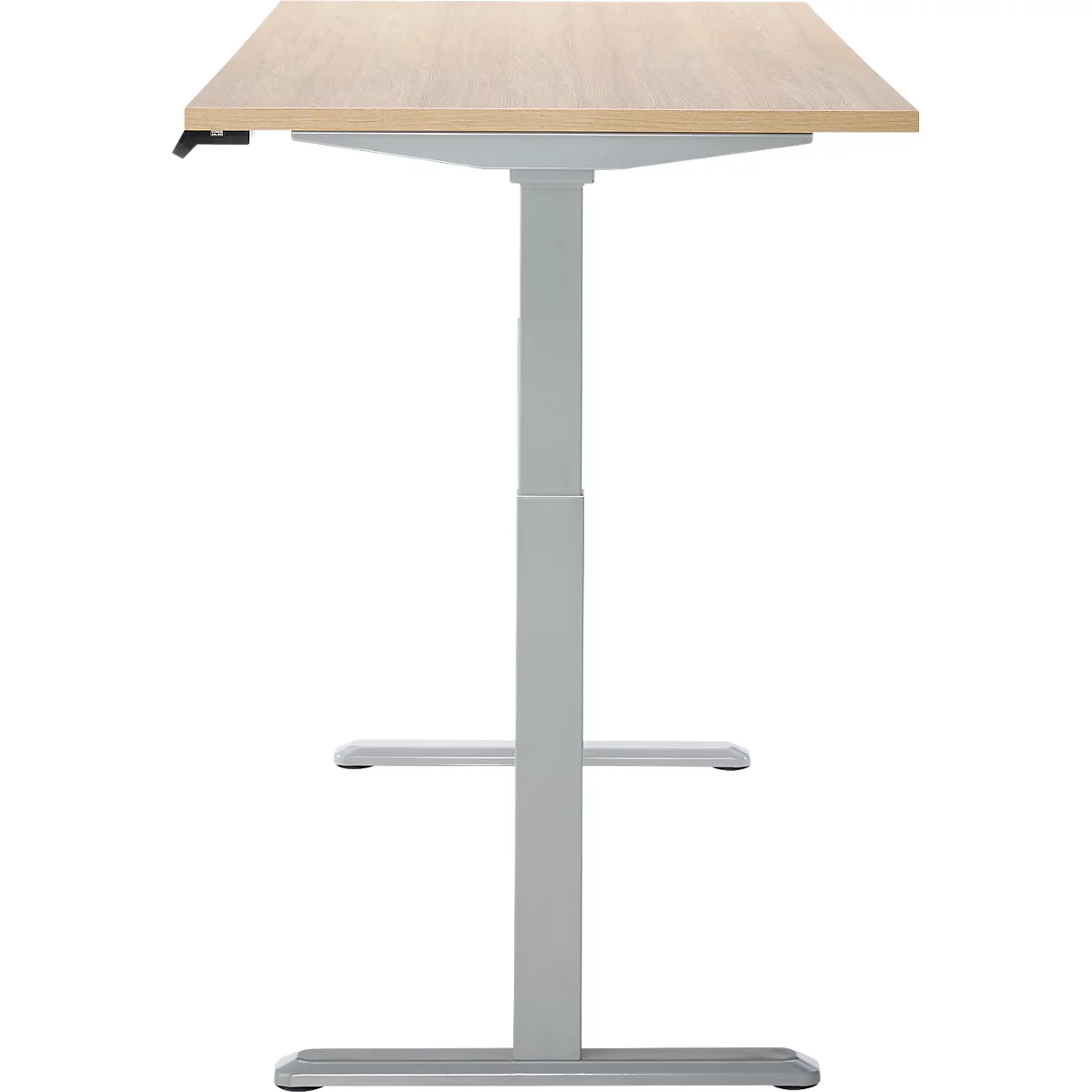 Schreibtisch, Rechteck, elektrisch höhenverstellbar, T-Fuß, B 1800 x T 800 x H 620-1280 mm, inkl. Memory Master, Eiche-Dekor/silber
