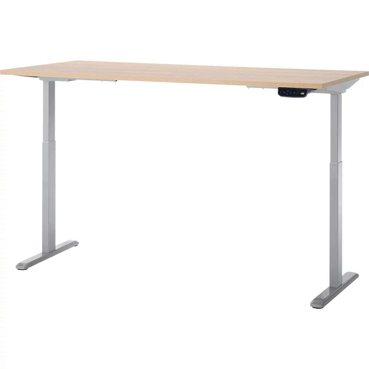 Schreibtisch, Rechteck, elektrisch höhenverstellbar, T-Fuß, B 1800 x T 800 x H 620-1280 mm, inkl. Memory Master, Eiche-Dekor/silber