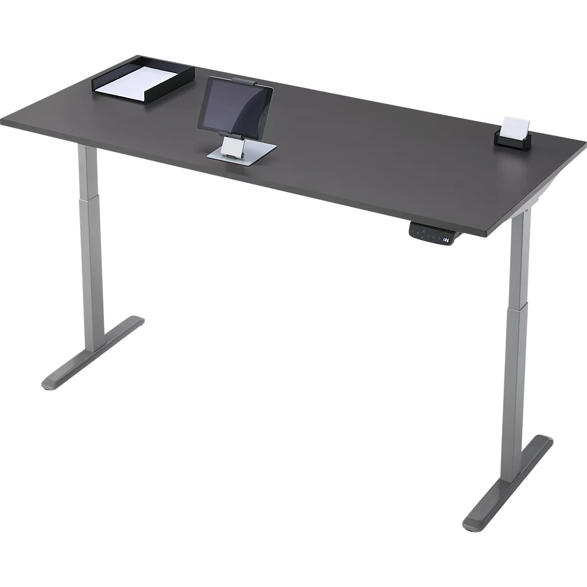 Schreibtisch, Rechteck, elektrisch höhenverstellbar, T-Fuß, B 1800 x T 800 x H 620-1280 mm, inkl. Memory Master, graphit/silber