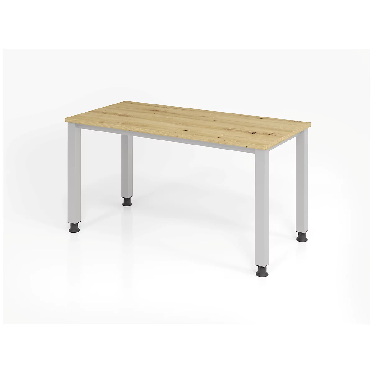 Schreibtisch, rechteckig, 4 Füße, Quadratrohr, B 1200 x T 672 x H 685-810 mm, Wildeiche/Silber