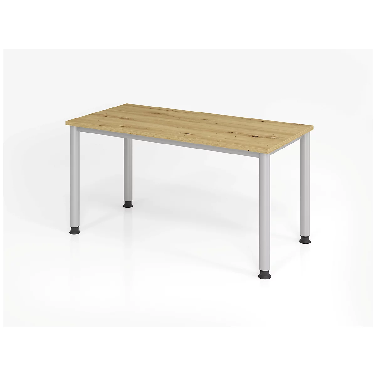 Schreibtisch, rechteckig, 4 Füße, Rundrohr, B 1400 x T 672 x H 685-810 mm, Wildeiche/Silber