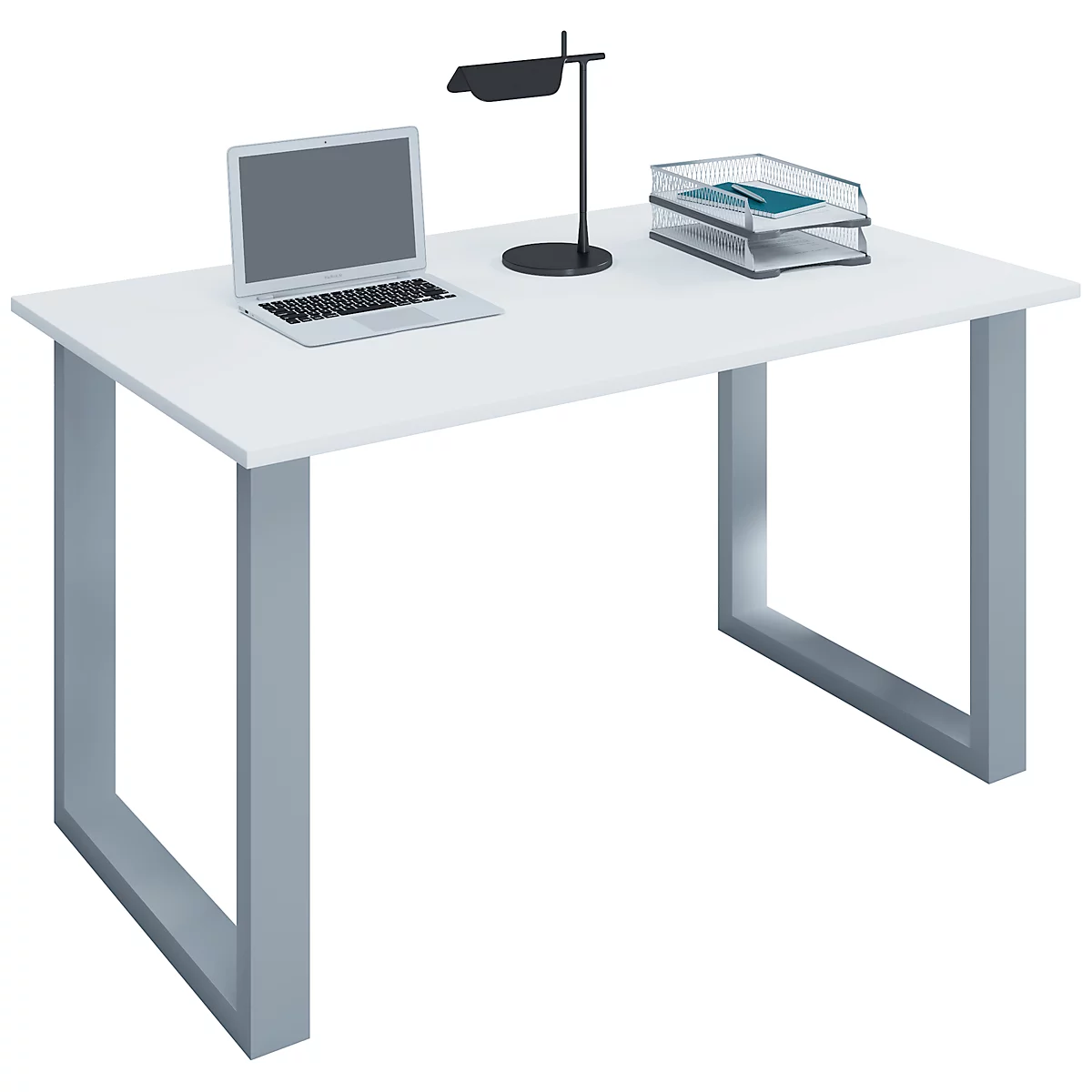 Schreibtisch, rechteckig, Bügelfuß, B 1100 x T 800 x H 760 mm, weiß/silber