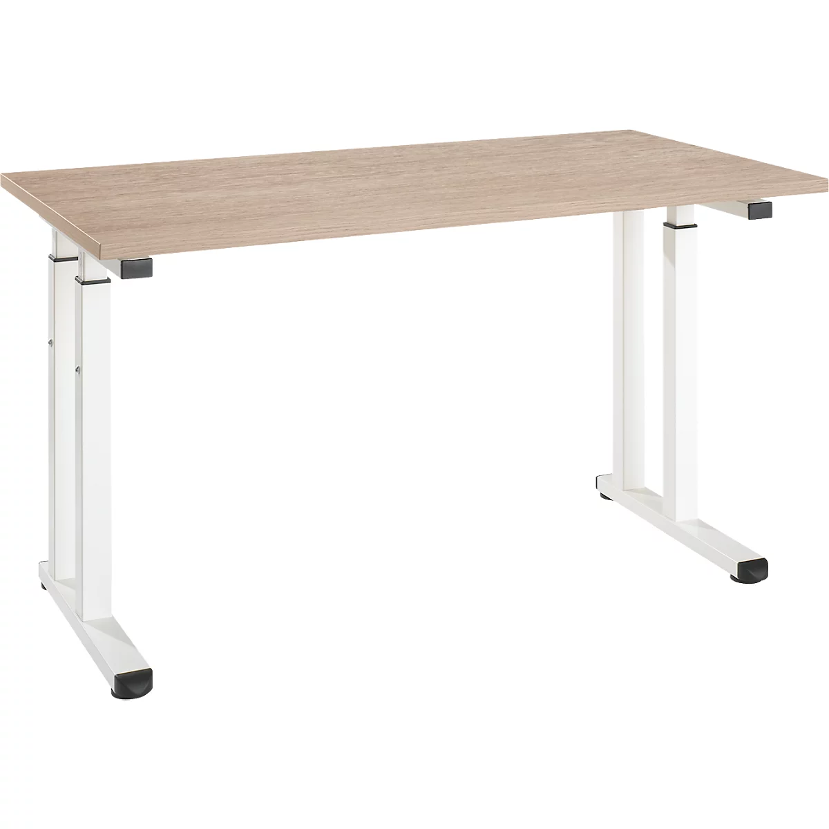 Hellbrauner Schreibtisch mit weißen, höhenverstellbaren Beinen. Die Tischplatte ist rechteckig. Die Beine haben schwarze Füße.