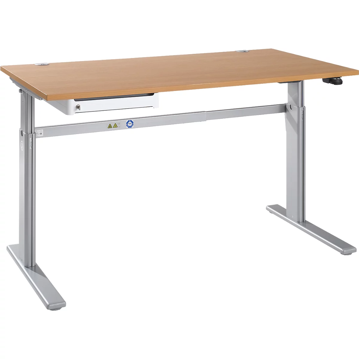 Schreibtisch STANDARD, elektrisch höhenverstellbar, B 1600 mm, Buche/weißaluminium + OrgaWork Schublade