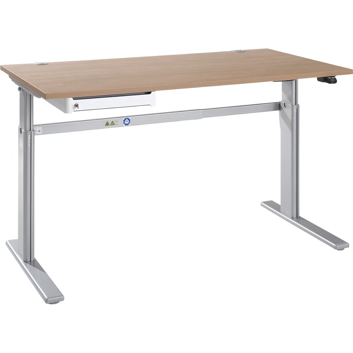 Schreibtisch STANDARD, elektrisch höhenverstellbar, B 1600 mm, Eiche/weißaluminium + OrgaWork Schublade