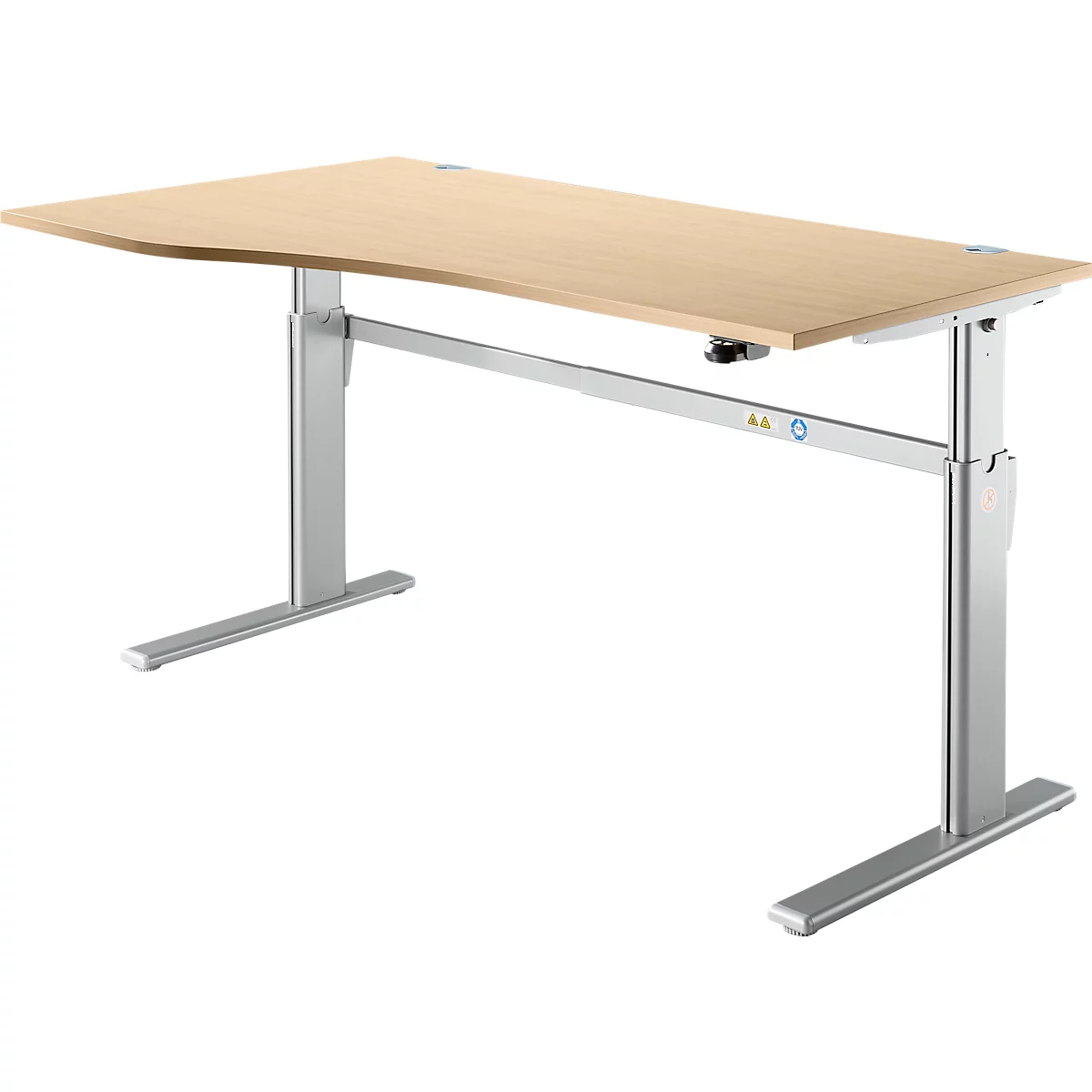 Ein ergonomischer, höhenverstellbarer Schreibtisch mit Holzplatte und silbernen Beinen.