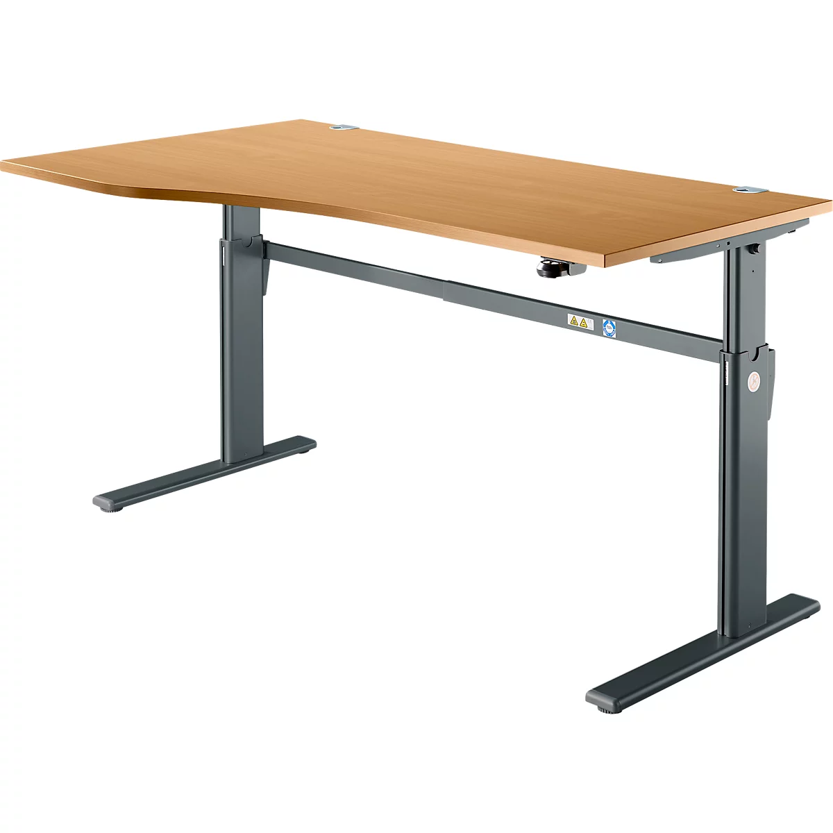 Schreibtisch Standard, elektrisch höhenverstellbar, Freiform, Ansatz links, C-Fuß, B 1800 x T 1000/800 x H 725-1185 mm, Buche-Dekor/anthrazit