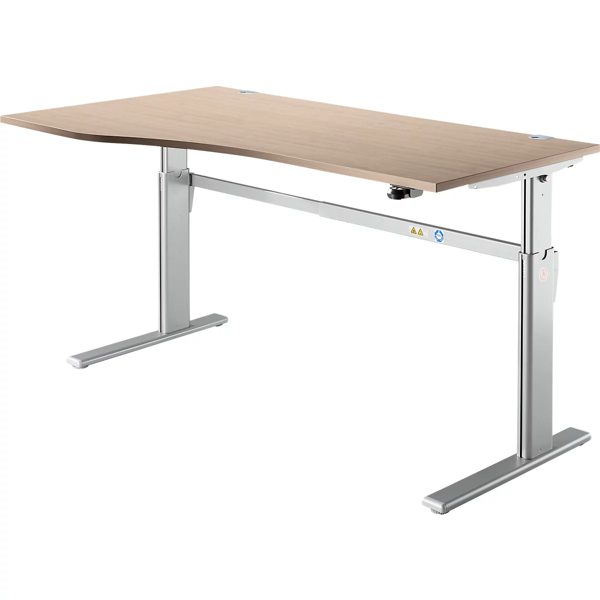 Schreibtisch Standard, elektrisch höhenverstellbar, Freiform, Ansatz links, C-Fuß, B 1800 x T 1000/800 x H 725-1185 mm, Eiche/weißalu