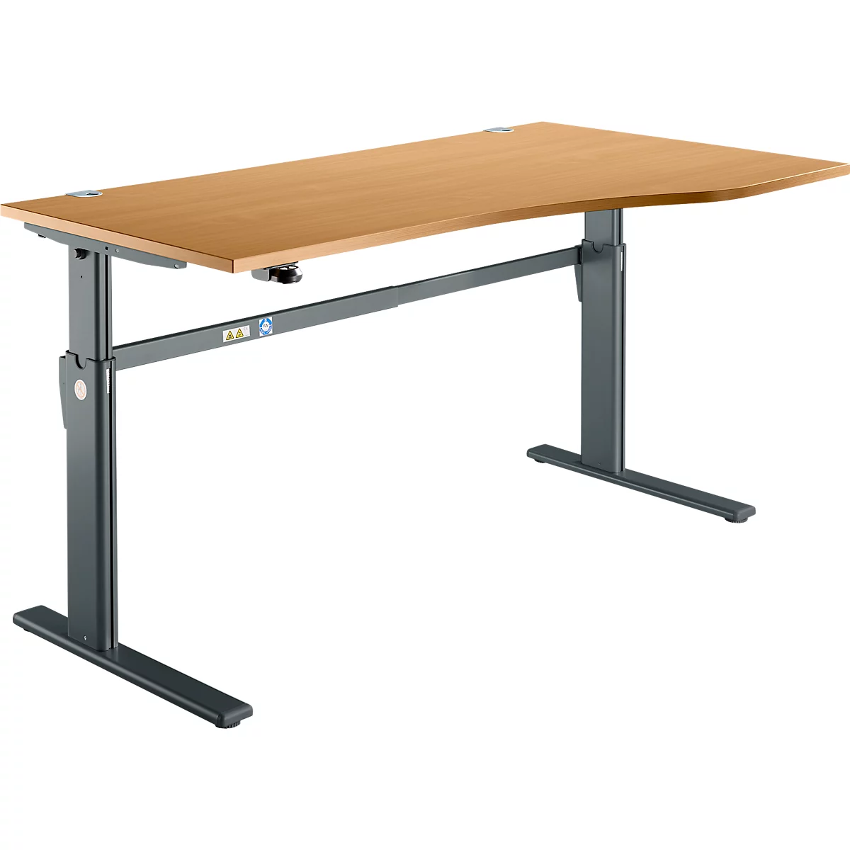 Schreibtisch Standard, elektrisch höhenverstellbar, Freiform, Ansatz rechts, C-Fuß, B 1800 x T 1000/800 x H 725-1185 mm, Buche-Dekor/anthrazit