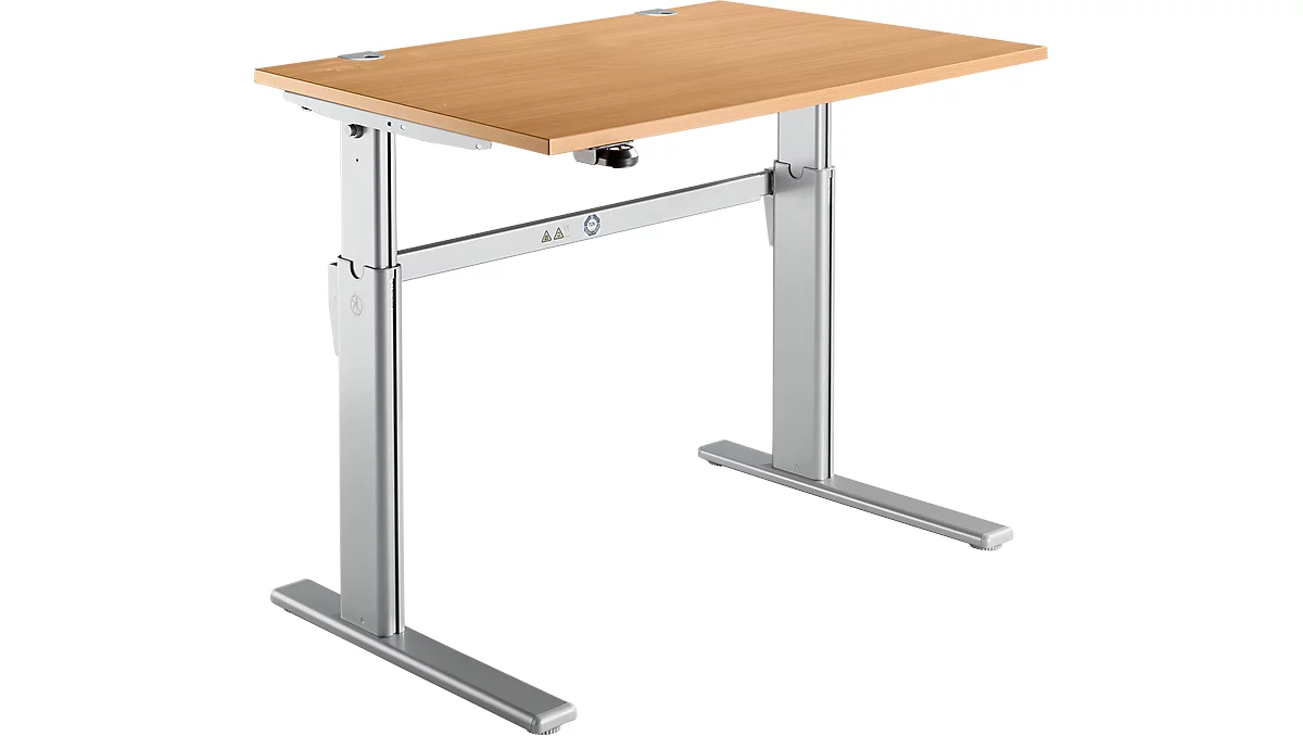 Schreibtisch Standard, elektrisch höhenverstellbar, Rechteck, C-Fuß, B 1200 x T 800 x H 725-1185 mm, Buche/weißaluminium RAL 9006 
