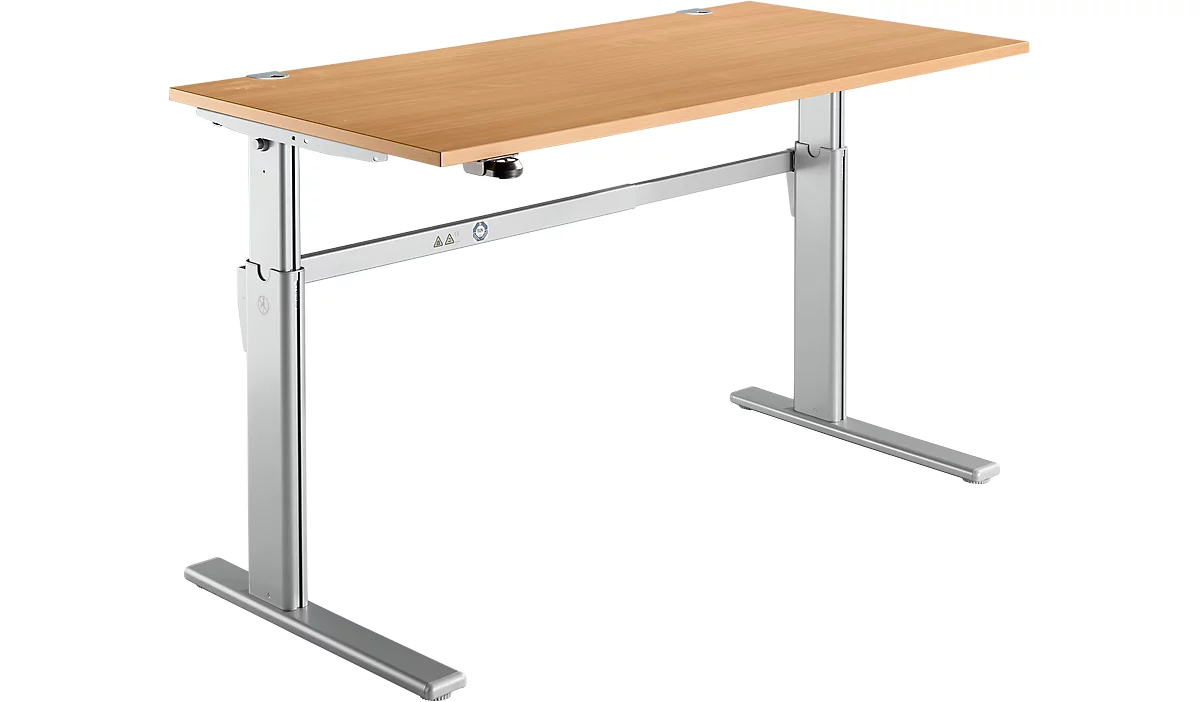 Schreibtisch Standard, elektrisch höhenverstellbar, Rechteck, C-Fuß, B 1600 x T 800 x H 725-1185 mm, Buche/weißaluminium RAL 9006 