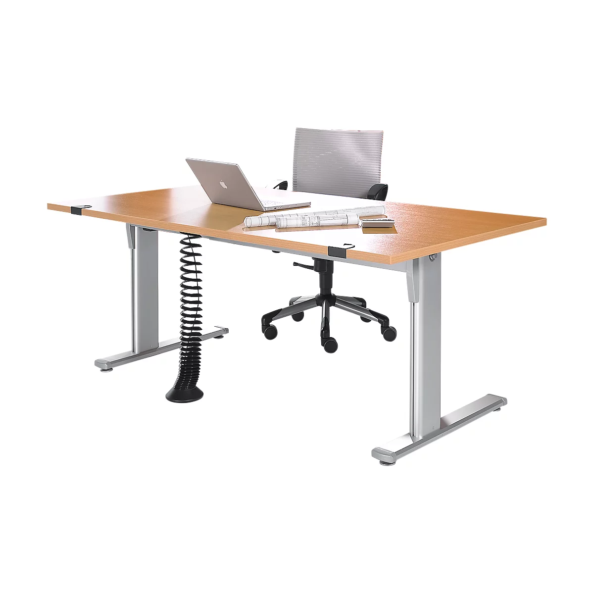 Schreibtisch Standard, elektrisch höhenverstellbar, Rechteck, C-Fuß, B 1600 x T 800 x H 725-1185 mm, Buche/weißaluminium RAL 9006