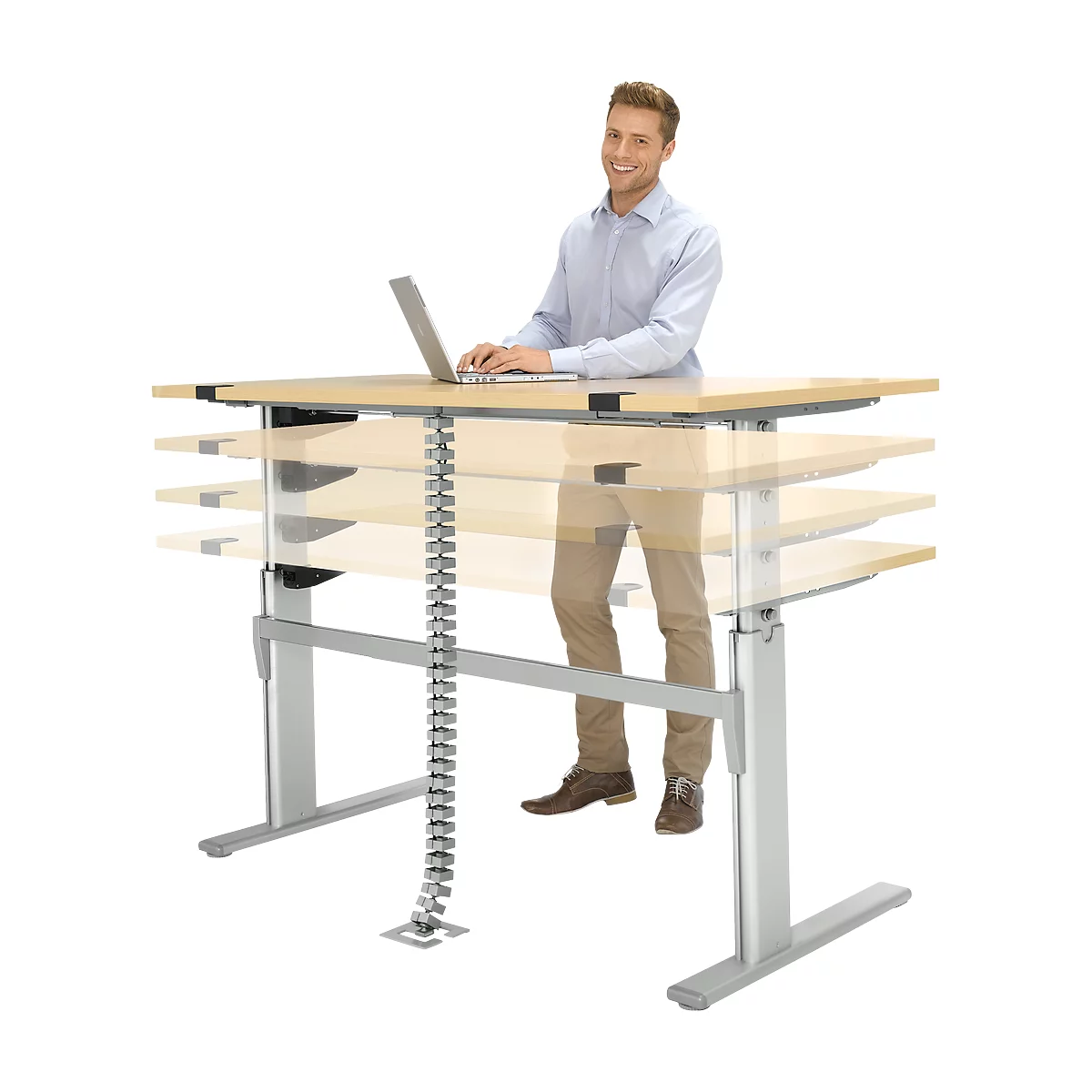 Schreibtisch Standard, elektrisch höhenverstellbar, Rechteck, C-Fuß, B 1800 x T 800 x H 725-1185 mm, Ahorn/weißaluminium RAL 9006