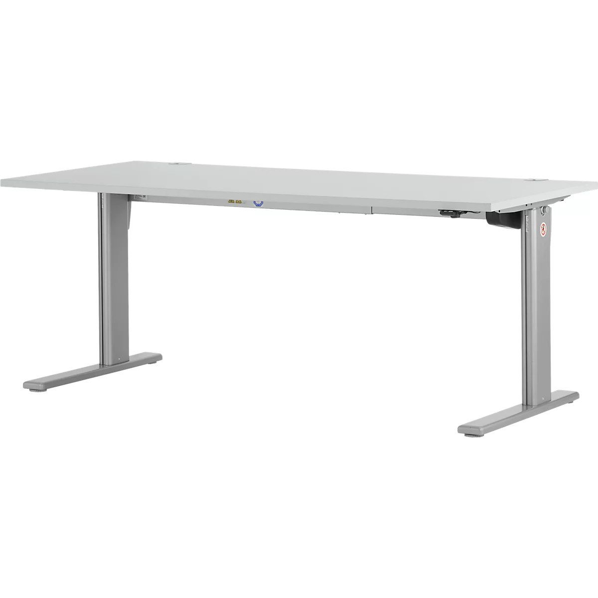 Ein weißer, höhenverstellbarer Schreibtisch vor weißem Hintergrund.